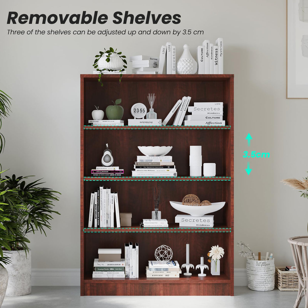 i-VTIES Bookcase Adjustable Storage Shelves,48-Inch Bookshelf,4-Tier Modern Wood Bookcase for Bedroom, Office, Living Room & Library(Cherry) i-VTIES