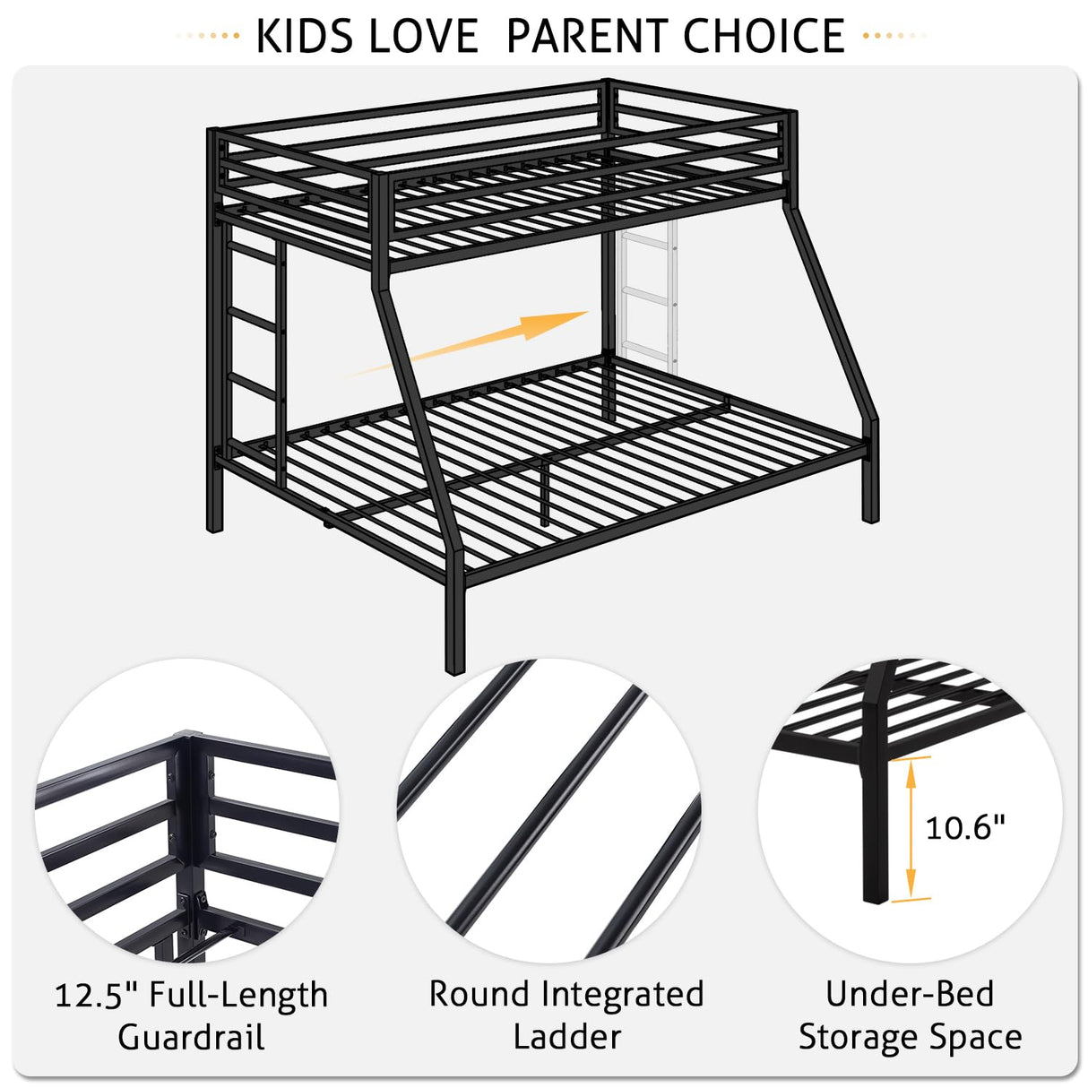 SHA CERLIN Loft Bunk Bed Twin Over Full Size with Ladder and Guardrail,Heavy Duty Metal Slats Support No Box Spring Needed Small Space Saving Furniture for Bedroom Dorm,Black SHA CERLIN