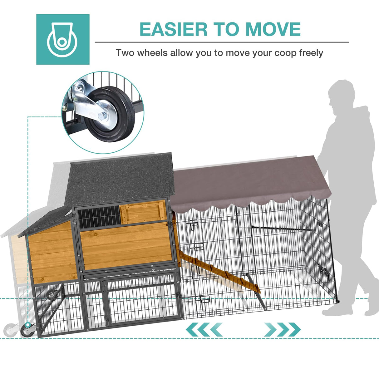 Large Chicken Coop for 4-6 Chickens,Mobile Combination of Metal and Wood Hen House Poultry Cage with Metal Run, Nesting Box,Waterproof Rain Cover Duck Coop Suumerpety