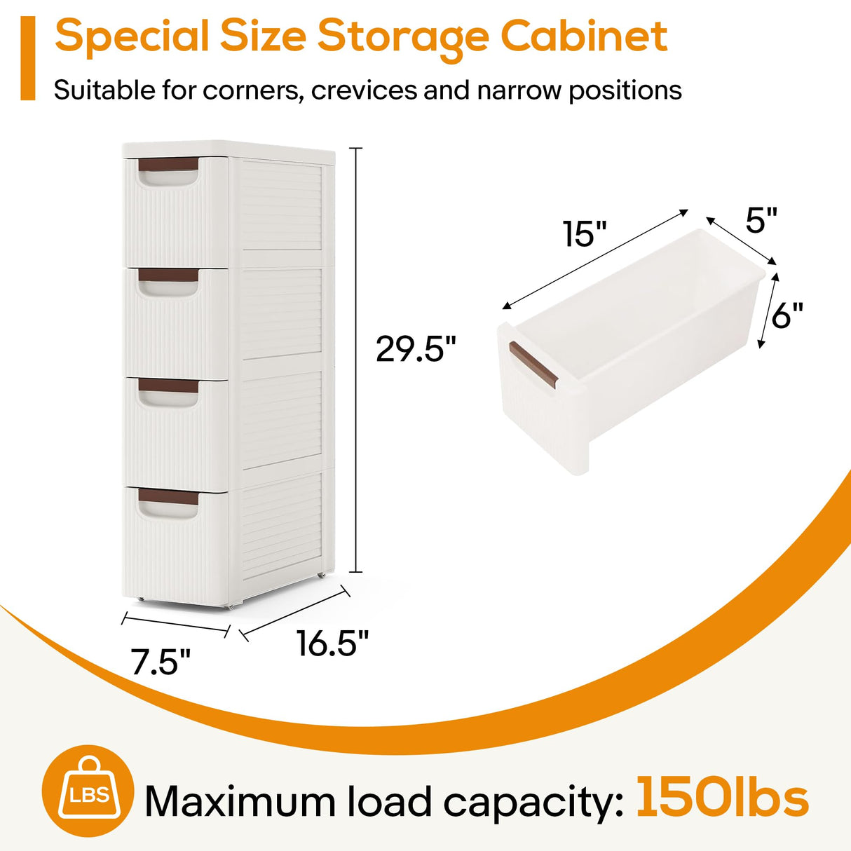 4 Drawers Slim Bathroom Storage Cabinet Dresser, Narrow Plastic Rolling Cart Organizer with Drawers, for Small Spaces, Kitchen, Laundry, Office, Bedroom, White YABORAS