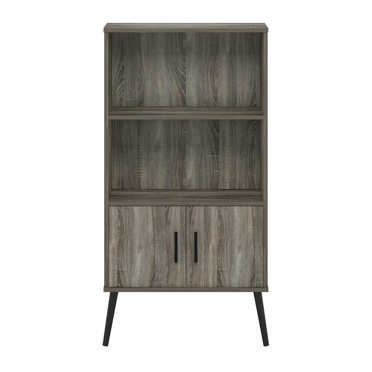 Furinno Claude Mid Century Style Accent Wooden Leg Bookcase Cabinet with Storage Organizer Shelves, French Oak Grey Furinno