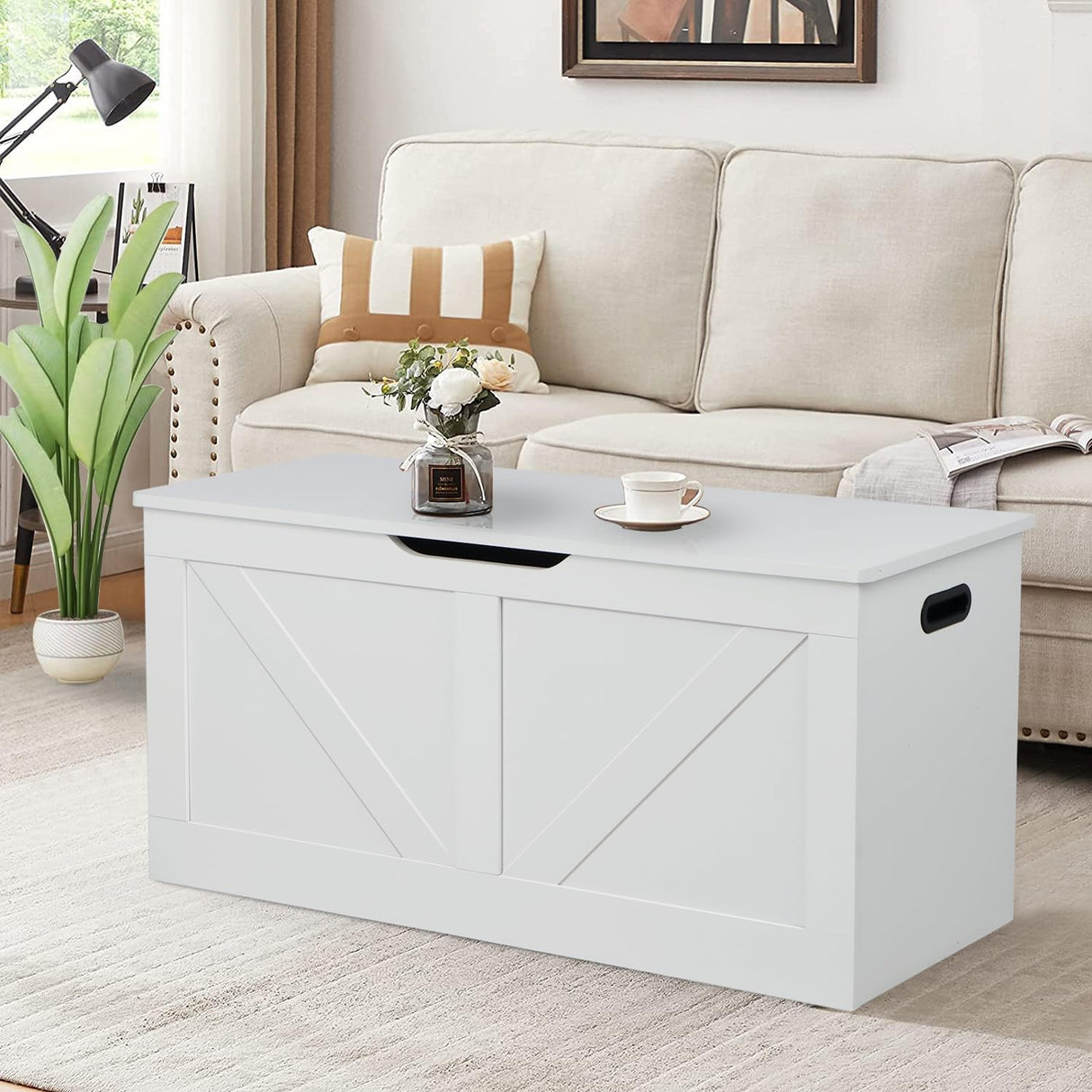 Timberer 39.4" Storage Chest, Wooden Storage Bench, Large Storage Trunk with 2 Safety Hinges, Entryway Shoes Bench for Living Room, Bedroom, White Timberer