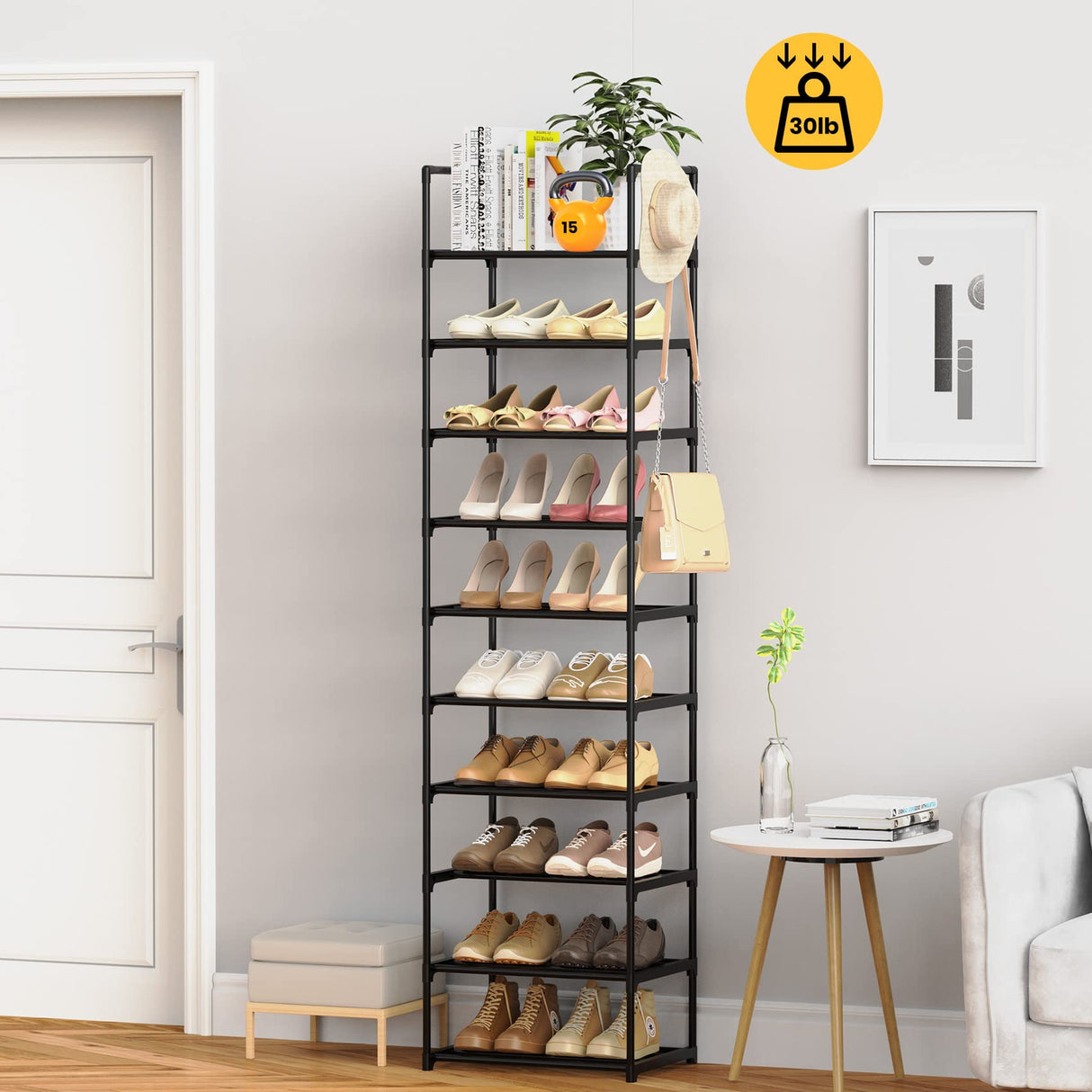 WEXCISE Narrow Shoe Rack 10 Tiers Tall Shoe Rack for Entryway 20 24 Pairs Shoe & Boots Organizer Storage Shelf Durable Black Metal Stackable Shoe Cabinet with Hooks, 17.1D x 11.8W x 78.7H in WEXCISE