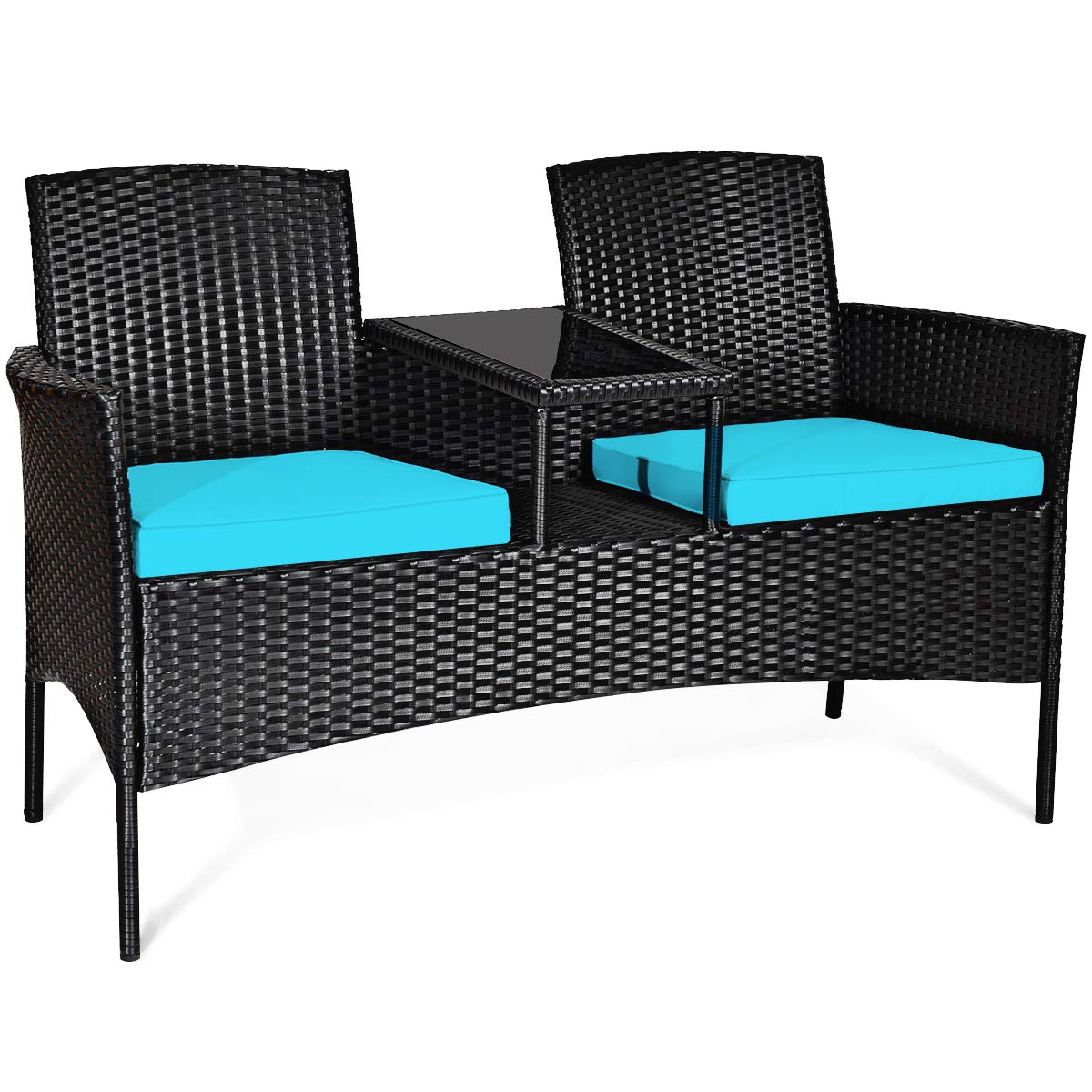 Tangkula Wicker Patio Conversation Furniture Set, Outdoor Furniture Set with Removable Cushions & Table, Tempered Glass Top, Modern Rattan Bench for Garden Lawn Backyard Tangkula