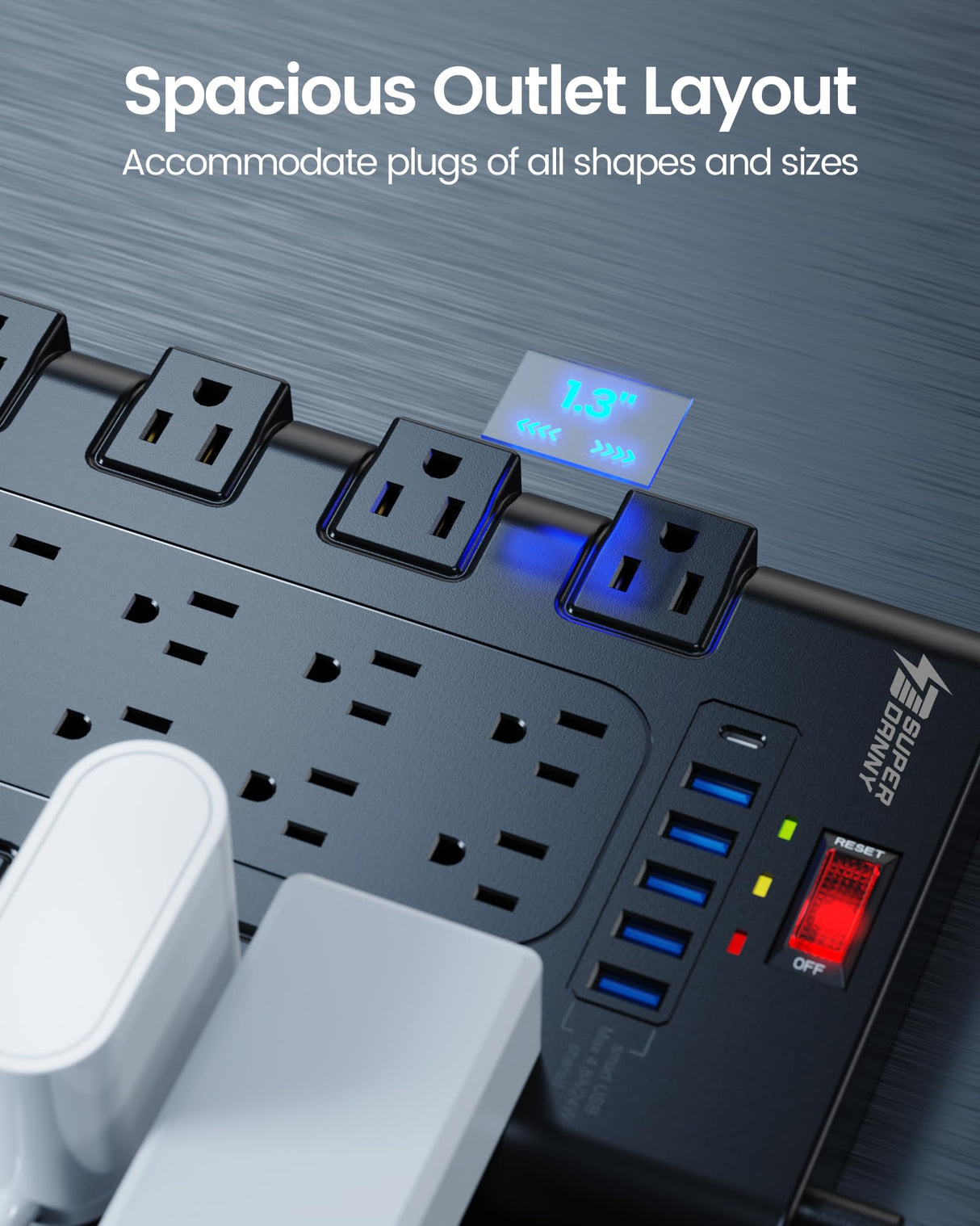 Power Strip, SUPERDANNY Surge Protector with 22 AC Outlets and 6 USB Charging Ports, 1875W/15A, 2100 Joules, 6.5Ft Flat Plug Heavy Duty Extension Cord for Home, Office, Dorm, Gaming Room, Black SUPERDANNY