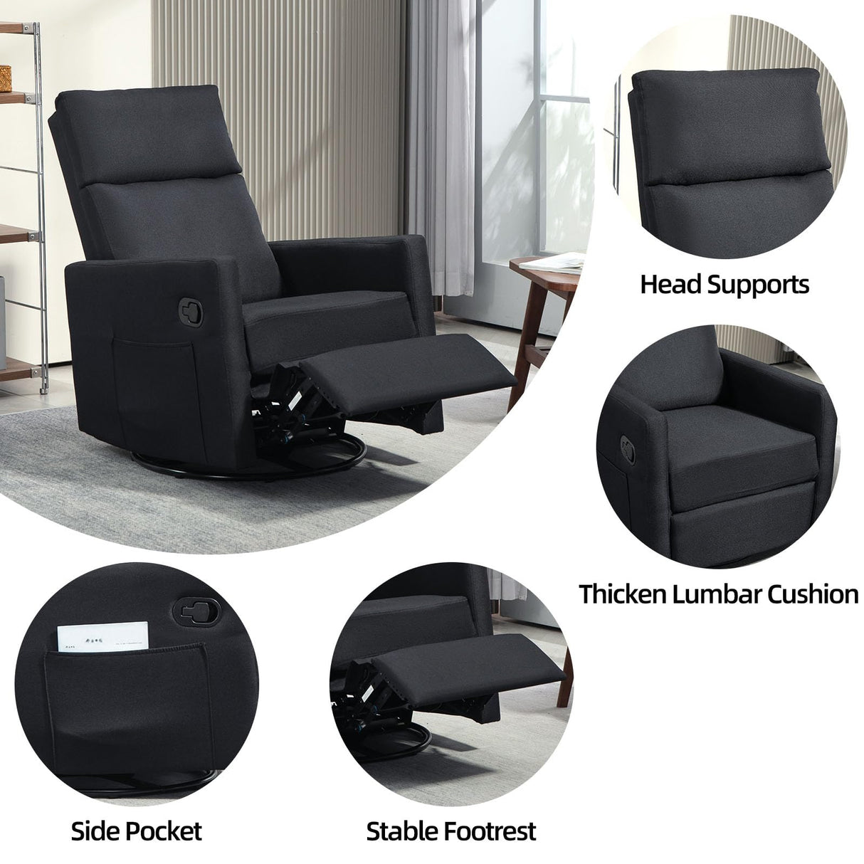 LONWIK Swivel Rocker Recliner Chairs Set of 2, Upholstered Fabric Nursery Rocking Glider Chair with Adjustable Backrest and Footrest, Lay Flat Recliner Single Lazy Sofa for Living Room(Black) LONWIK