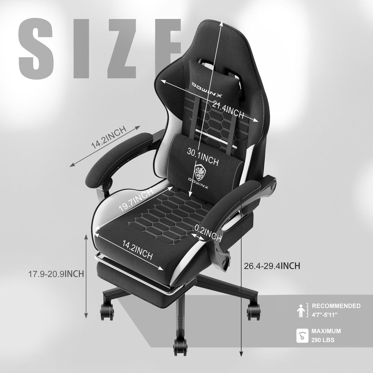 Dowinx Gaming Chair Fabric with Pocket Spring Cushion, Massage Game Chair Cloth with Headrest, Ergonomic Computer Chair with Footrest 290LBS, Black White Dowinx