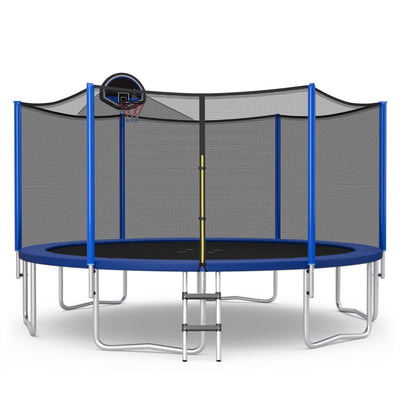 GYMAX Trampoline for Kids, ASTM Approved 12FT 14FT 15FT 16FT Recreational Toddler Trampoline with Enclosure Net, Basketball Hoop, Basketball & Pump, Rebounder Trampoline for Adults (12FT) Black+Blue