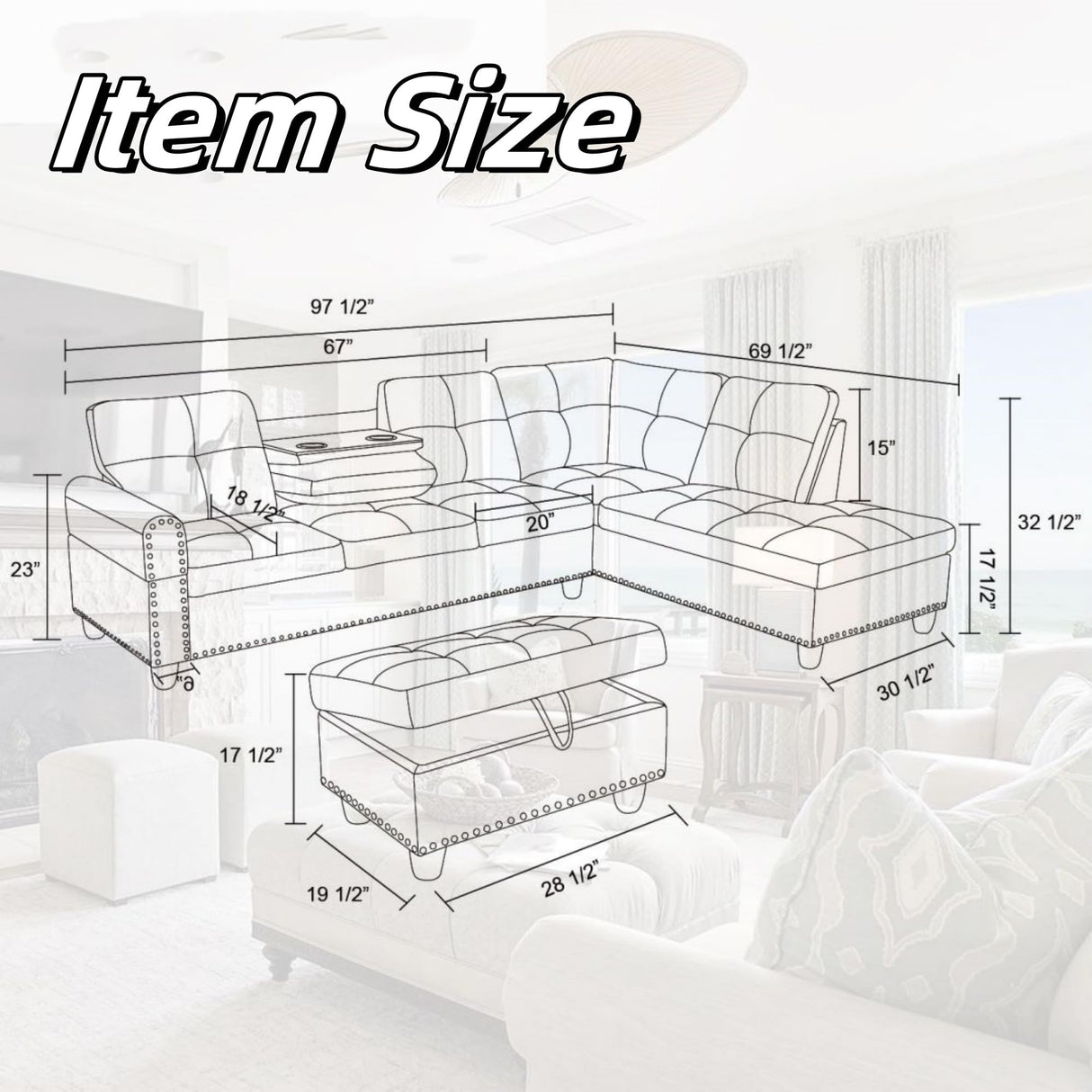 GlasFlength L Shaped Sectional Couch with Ottoman, Modern Leather Modular Sectional Sofa with Cup Holder, Nail-Head Design L Shaped Couch for Living Room, Bedroom, Brown GlasFlength