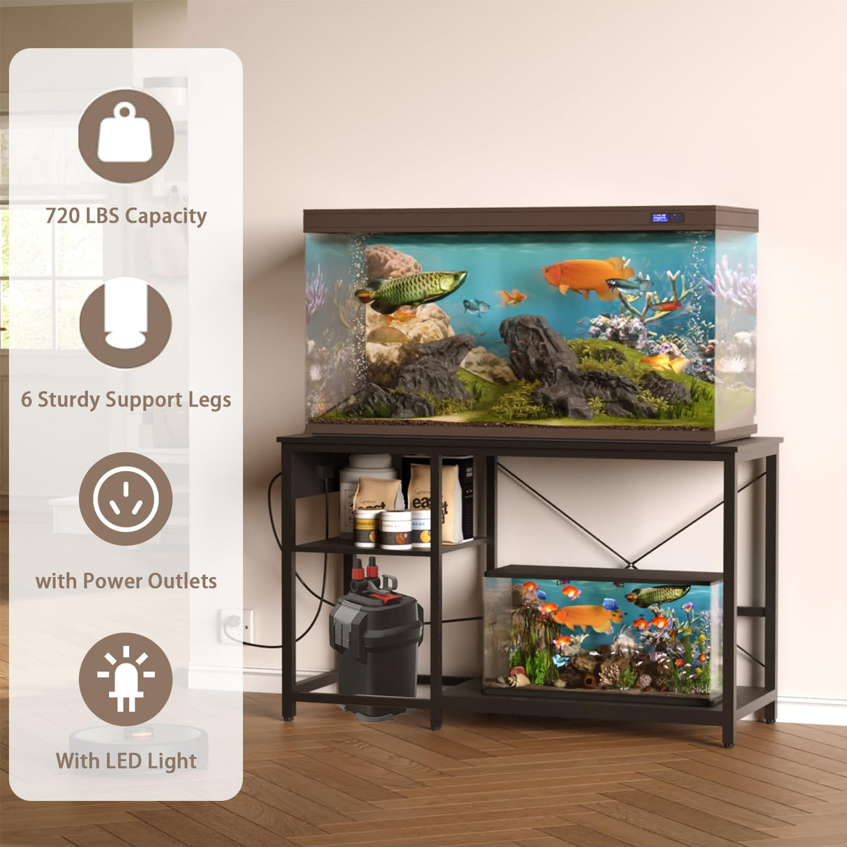 BEURUKU 55-75 Gallon Fish Tank Stand with Power Outlet & LED Light, Metal Aquarium Stand with 3 Tier Adjustable Storage Shelves, Tank Stand for Reptile Tank, Turtle Tank, 52" L*19.5" W, Black BEURUKU