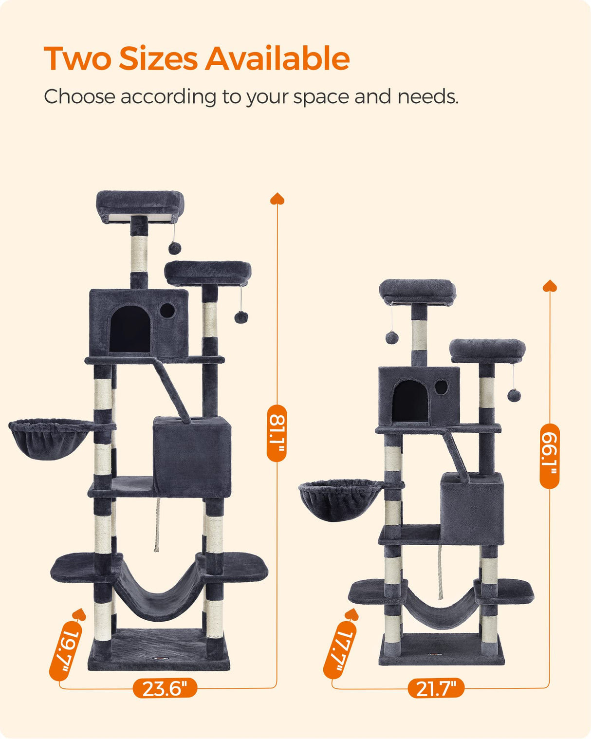 Feandrea Cat Tree, 81.1-Inch Large Cat Tower with 13 Scratching Posts, 2 Perches, 2 Caves, Basket, Hammock, Pompoms, Multi-Level Plush Cat Condo for Indoor Cats, Smoky Gray UPCT190G01 Feandrea