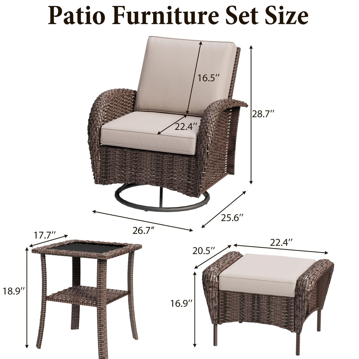 EROMMY Outdoor Swivel Chairs Set,8 Pieces Rattan Wicker Furniture Set,Patio Conversation Sets with Lovesat,3-Seat Sofa,2 Ottomans,Coffee Table and Side Table,for Porch Pool Yard Garden,Beige-8 Pcs EROMMY