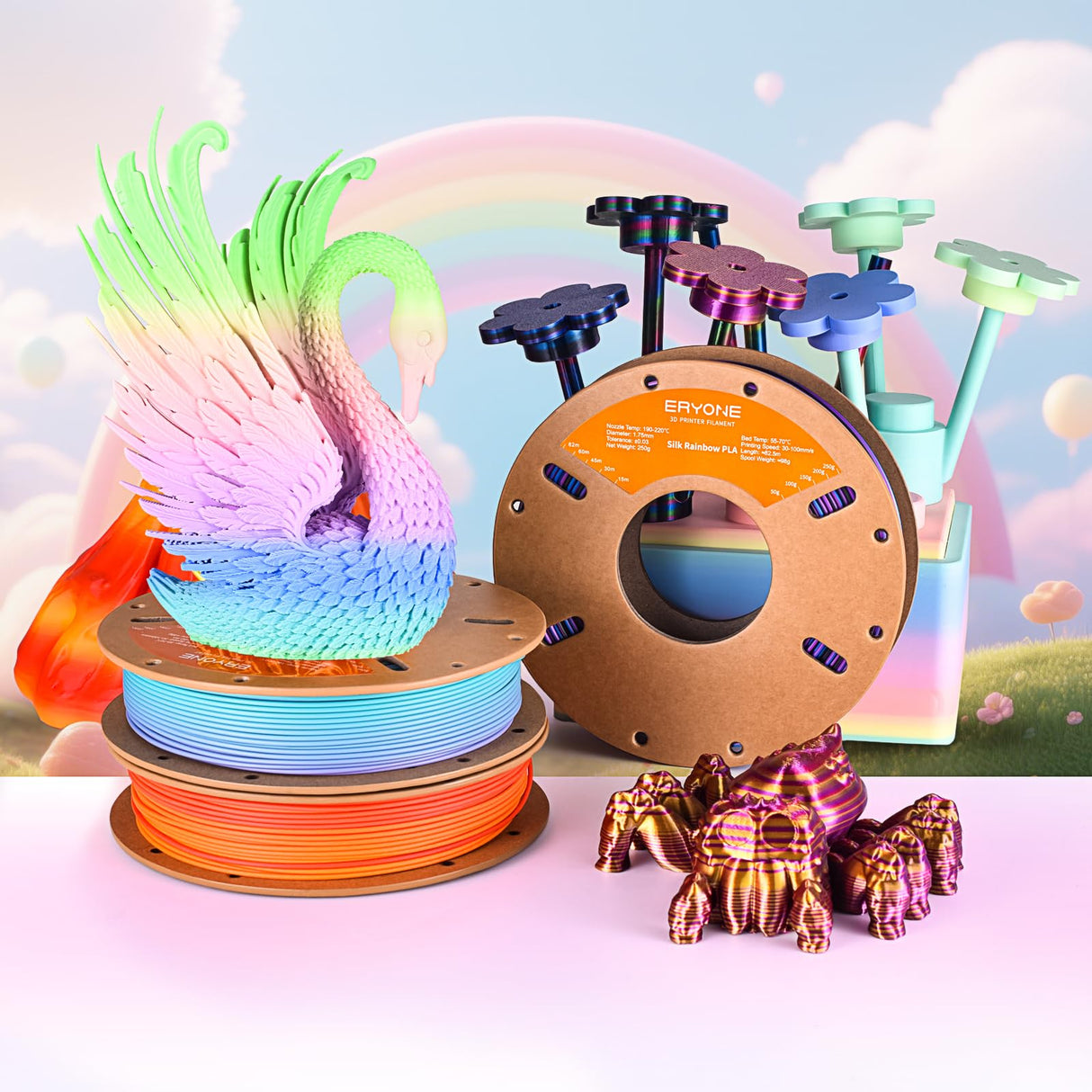 ERYONE Silk Rainbow Filament PLA 1.75mm for 3D Printer +/- 0.03mm, 0.25kg*4 Spools, Palette, Mountain Mirage, Sunset, Waterfall Rainbow ERYONE