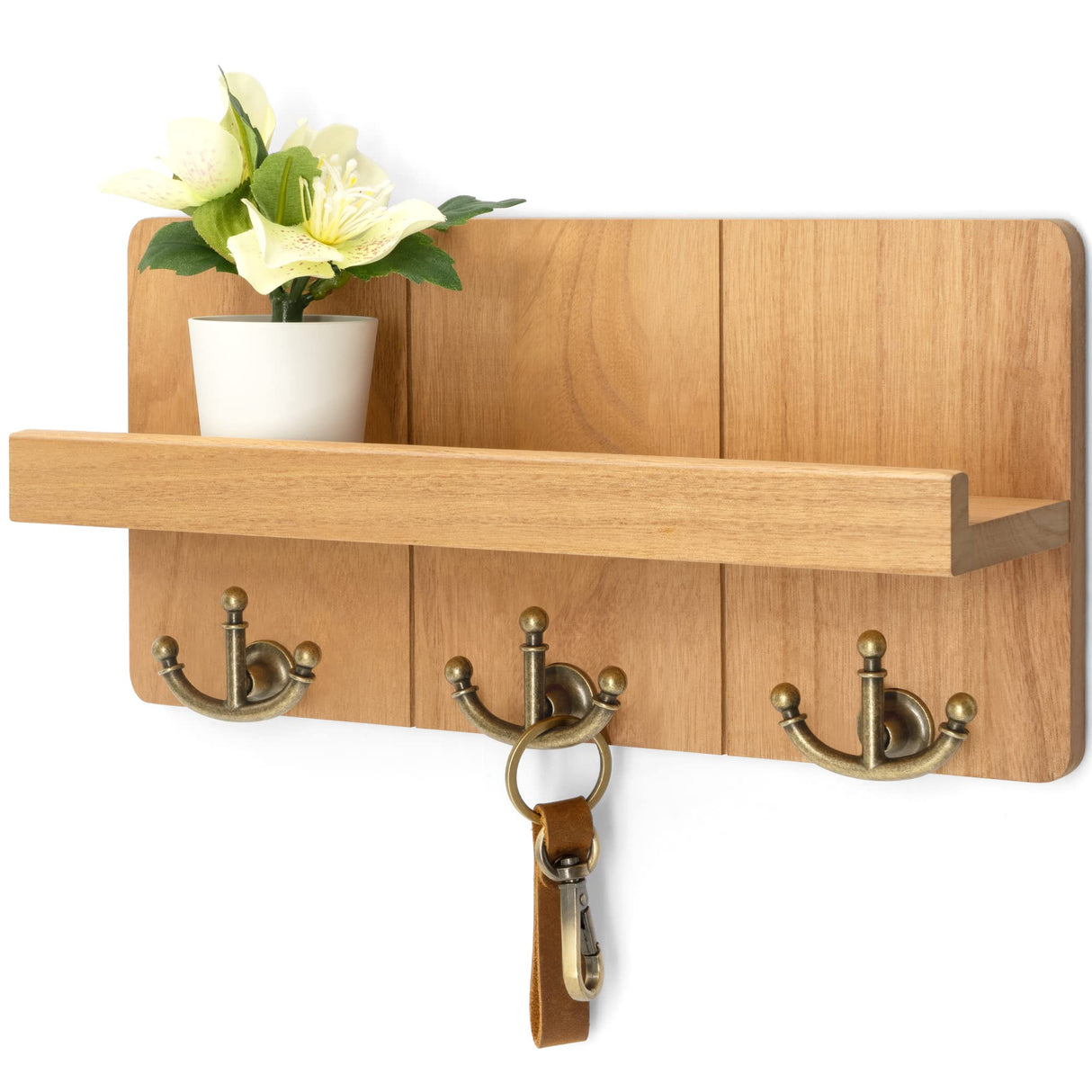 Rebee Vision Farmhouse Key Holder for Wall: Decorative Mail Organizer with Shelf and Rustic Mail Holder with 3 Anchor Key Hooks - Retro Home Decor Wall Mount for Entryway, Hallway (Light Brown) Rebee Vision