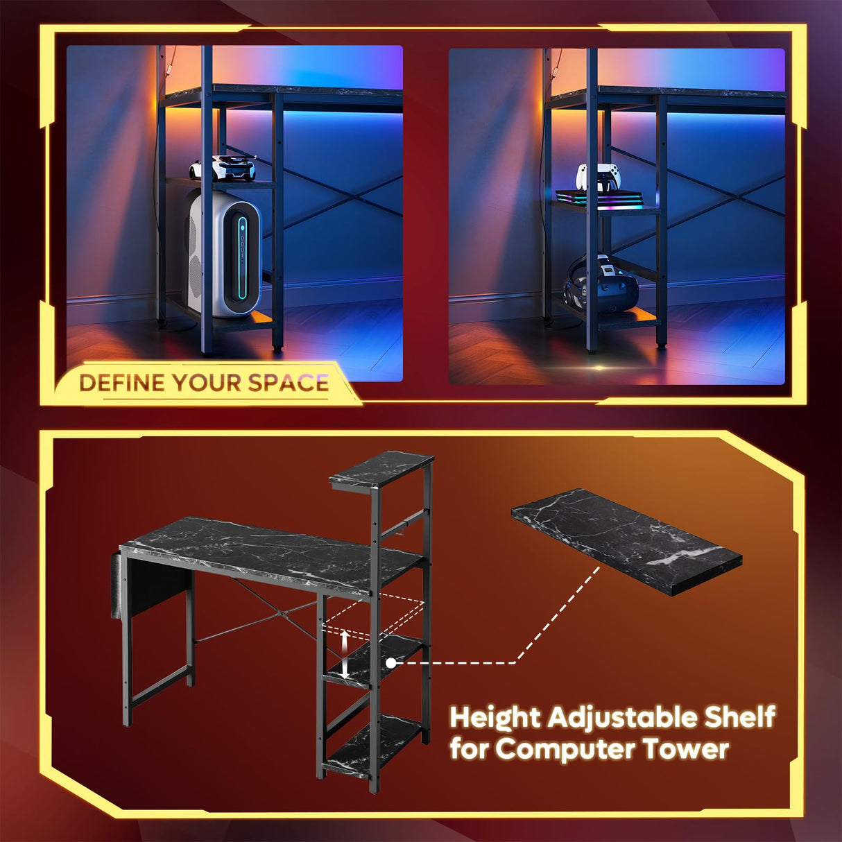 Bestier Gaming Desk with LED Lights, 51.3 Inch Computer Desk with 4 Tiers Reversible Shelves, Gamer Desk with Side Storage Bag, Hooks and Height Adjustable Shelf (Black Marble) Bestier