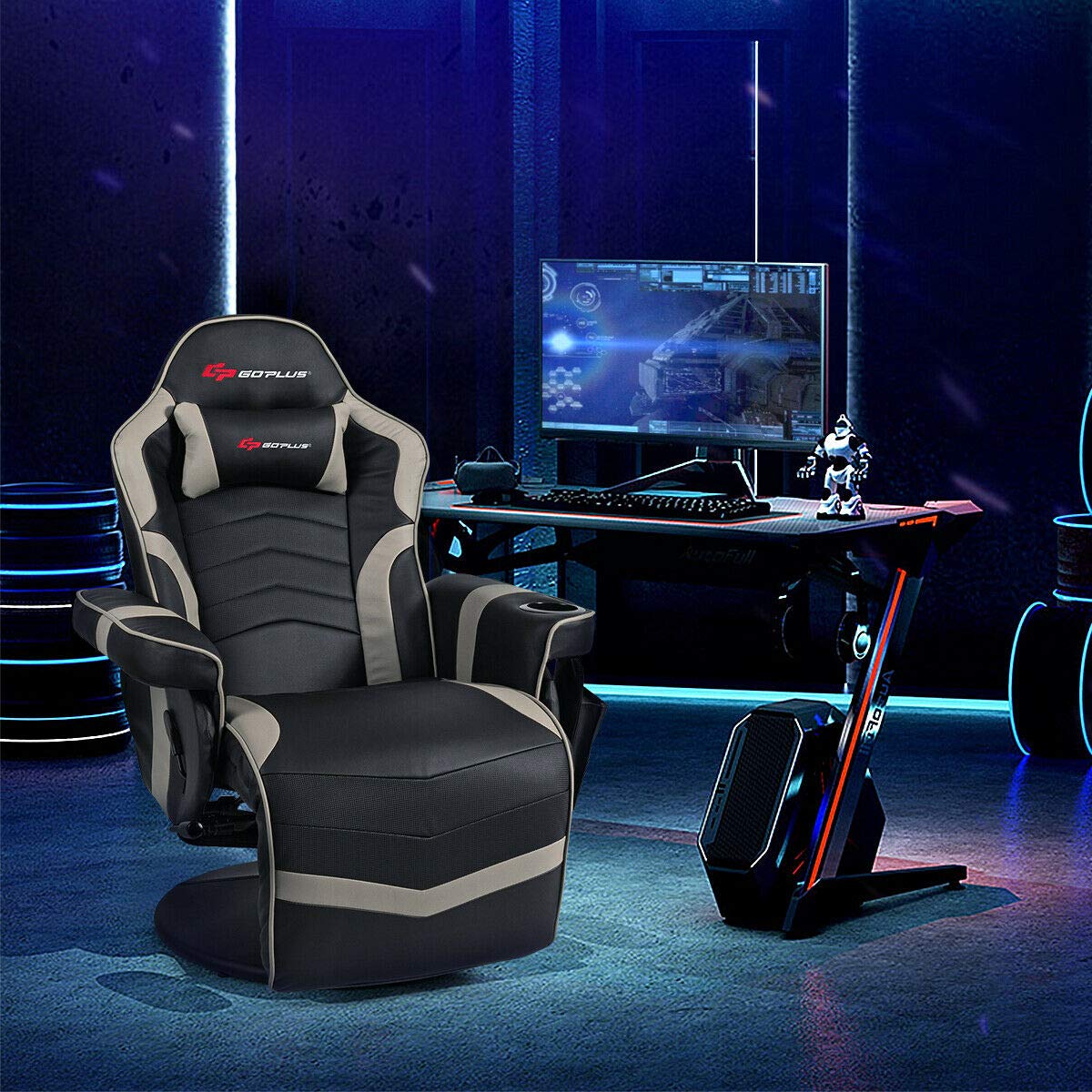 Goplus Massage Gaming Chair, Racing Style Gaming Recliner w/Adjustable Backrest and Footrest, Ergonomic High Back PU Leather Computer Office Chair Swivel Game Chair w/Cup Holder and Side Pouch Goplus
