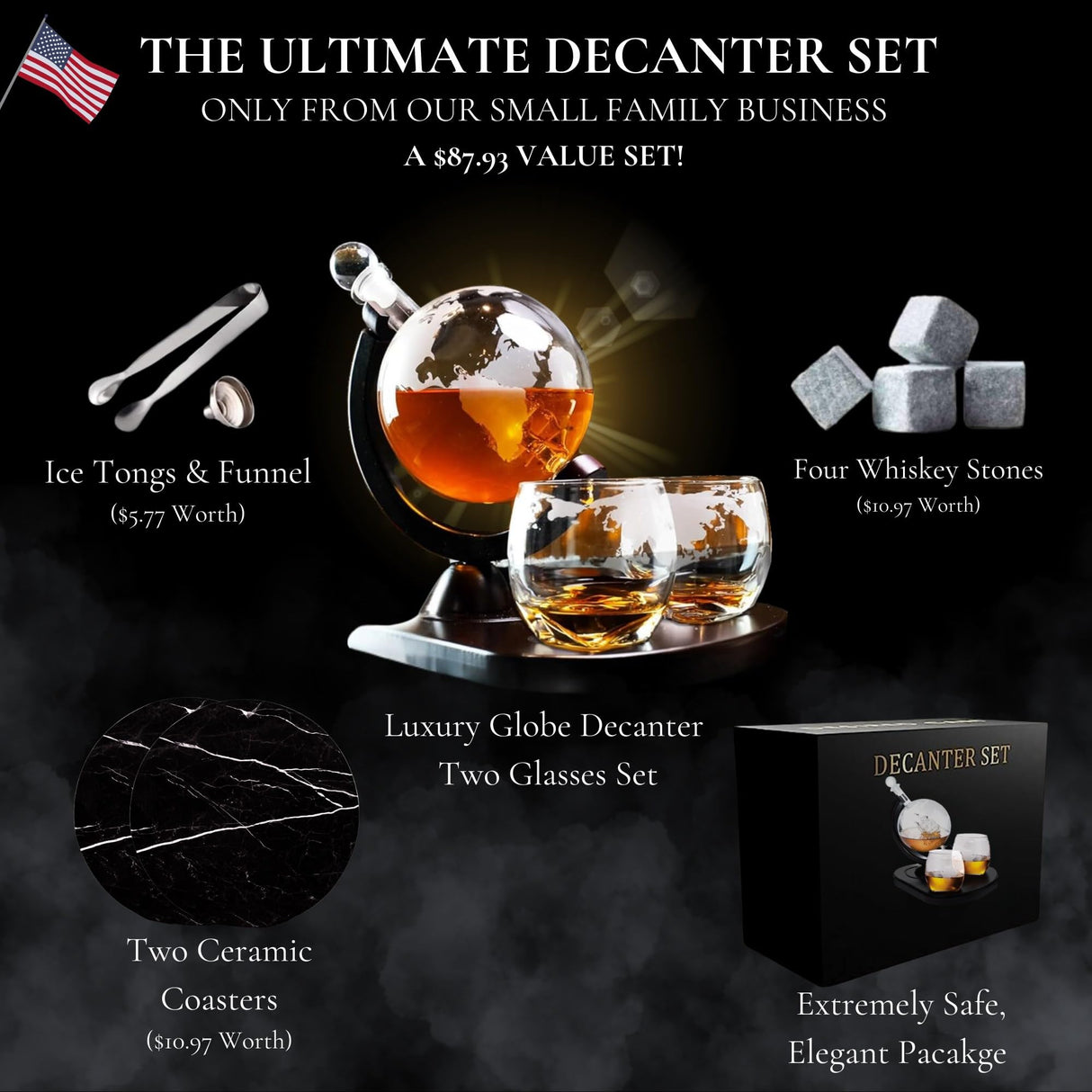 Whiskey Decanter Globe Set with 2 Etched Globe Whisky Glasses | Whiskey Stones, Ice Tong, Coasters, Funnel - Gifts for Men Dad, Husband - Liquor, Bourbon, Scotch, Vodka with a Wood Stand - 850ml Desired Cart