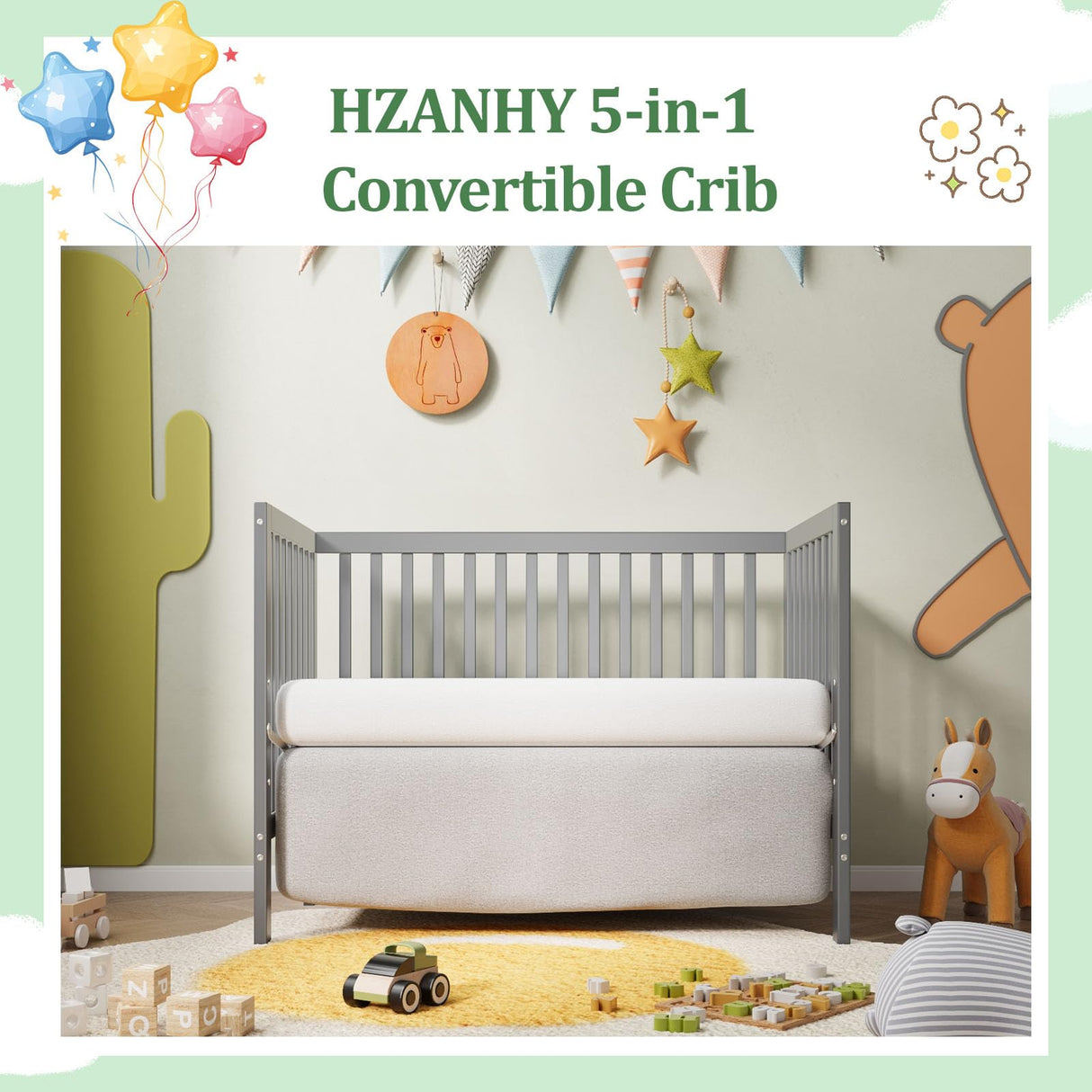 HZANHY 5-in-1 Convertible Crib, Baby Crib, Converts from Baby Crib to Toddler Bed, Daybed and Full-Size Bed Frame, Fits Standard Full-Size Crib, Baby Bed White (Mattress not Included HZANHY