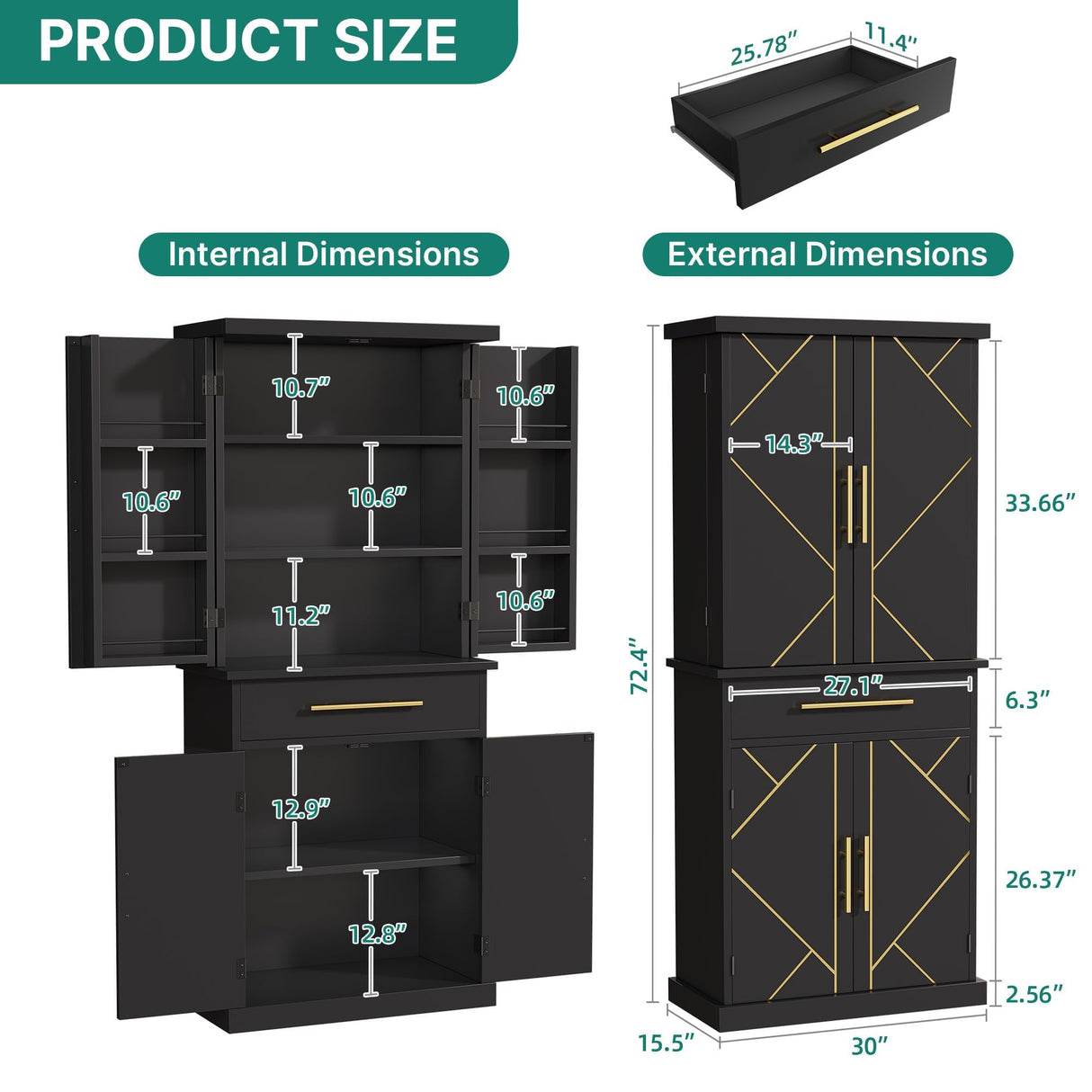 DWVO 72" Kitchen Pantry Storage Cabinet, Tall Modern Food Buffet Cabinets with Drawer & Adjustable Shelves & Door Rack, Freestanding Wood Storage Cupboard for Dining Room, Living Room, Bathroom, Black DWVO