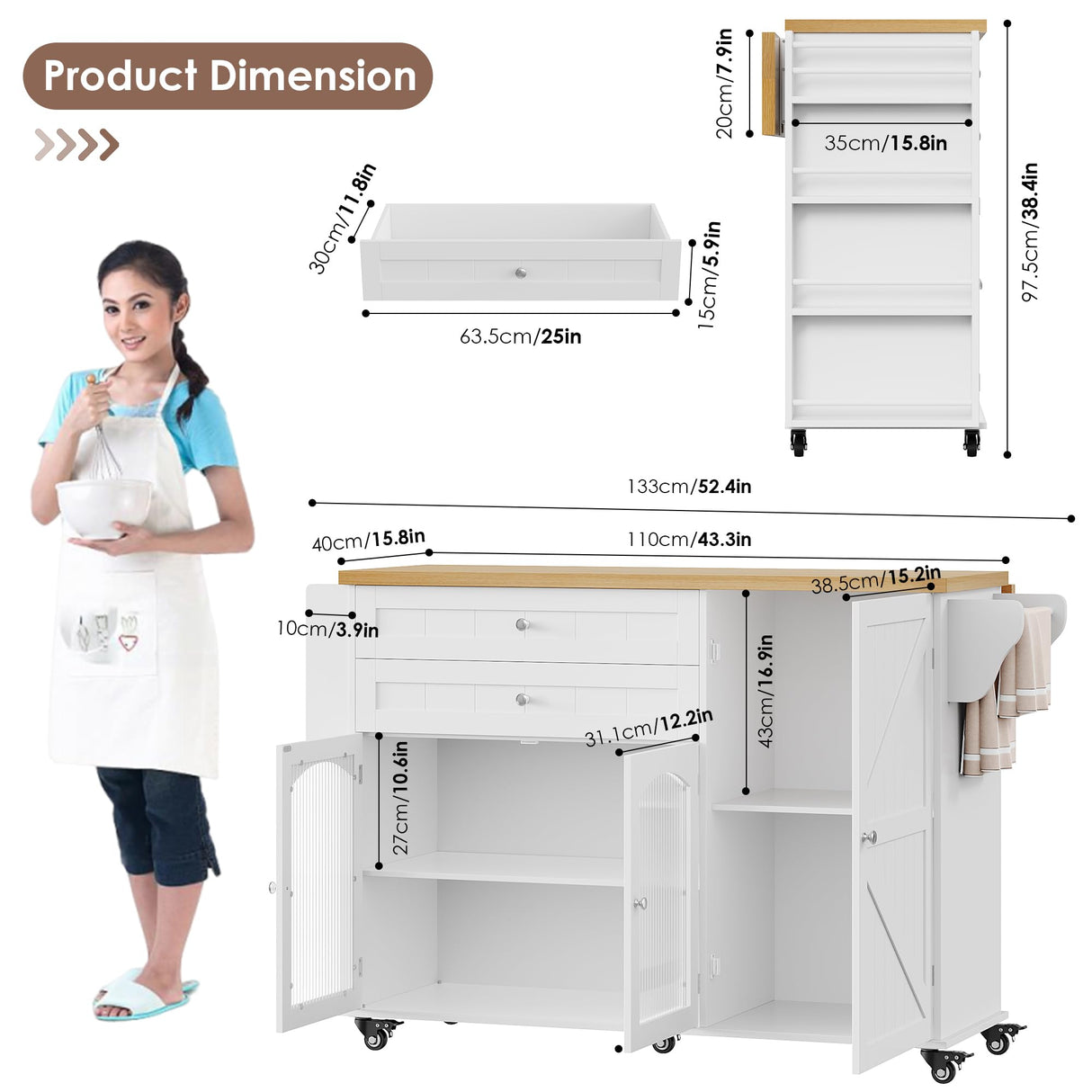 FINETONES Kitchen Island with Storage, Rolling Kitchen Island on Wheels with Wood Drop Leaf Countertop, Island Table Bar Cart with Spice Towel Rack Portable Kitchen Table Kitchen Carts on Wheels FINETONES