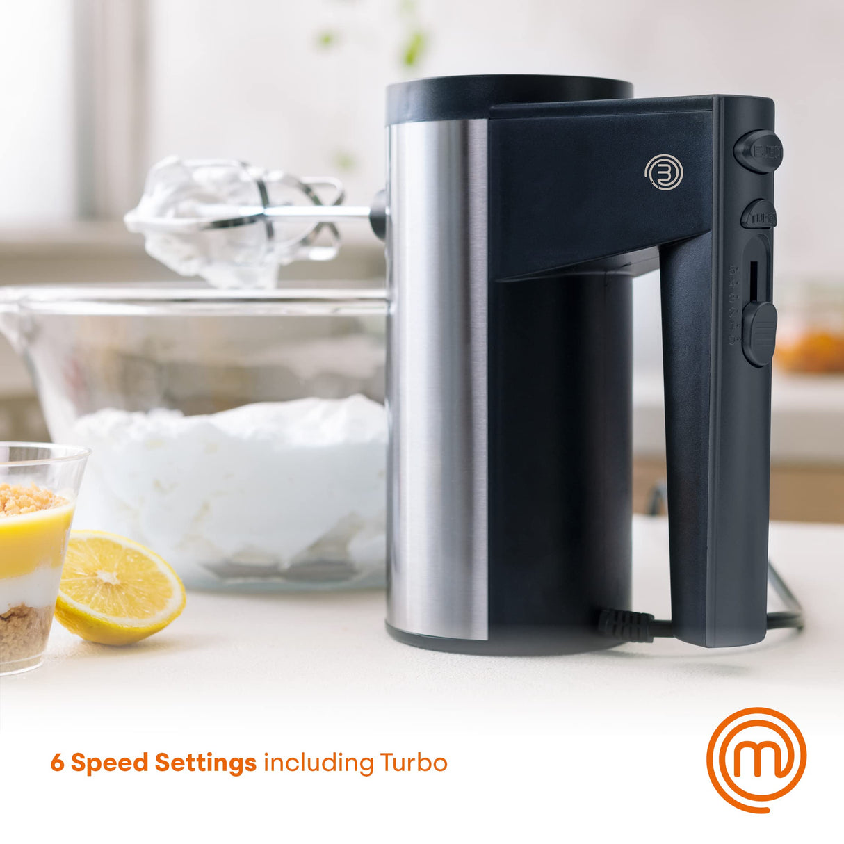 MasterChef Hand Mixer Electric, Handheld Egg Beater with Whisk Attachments and Dough Hooks, Stainless Steel Cake Accessories for Baking, Whipping Machine with Dishwasher Safe Parts, 6 Speed Settings MasterChef