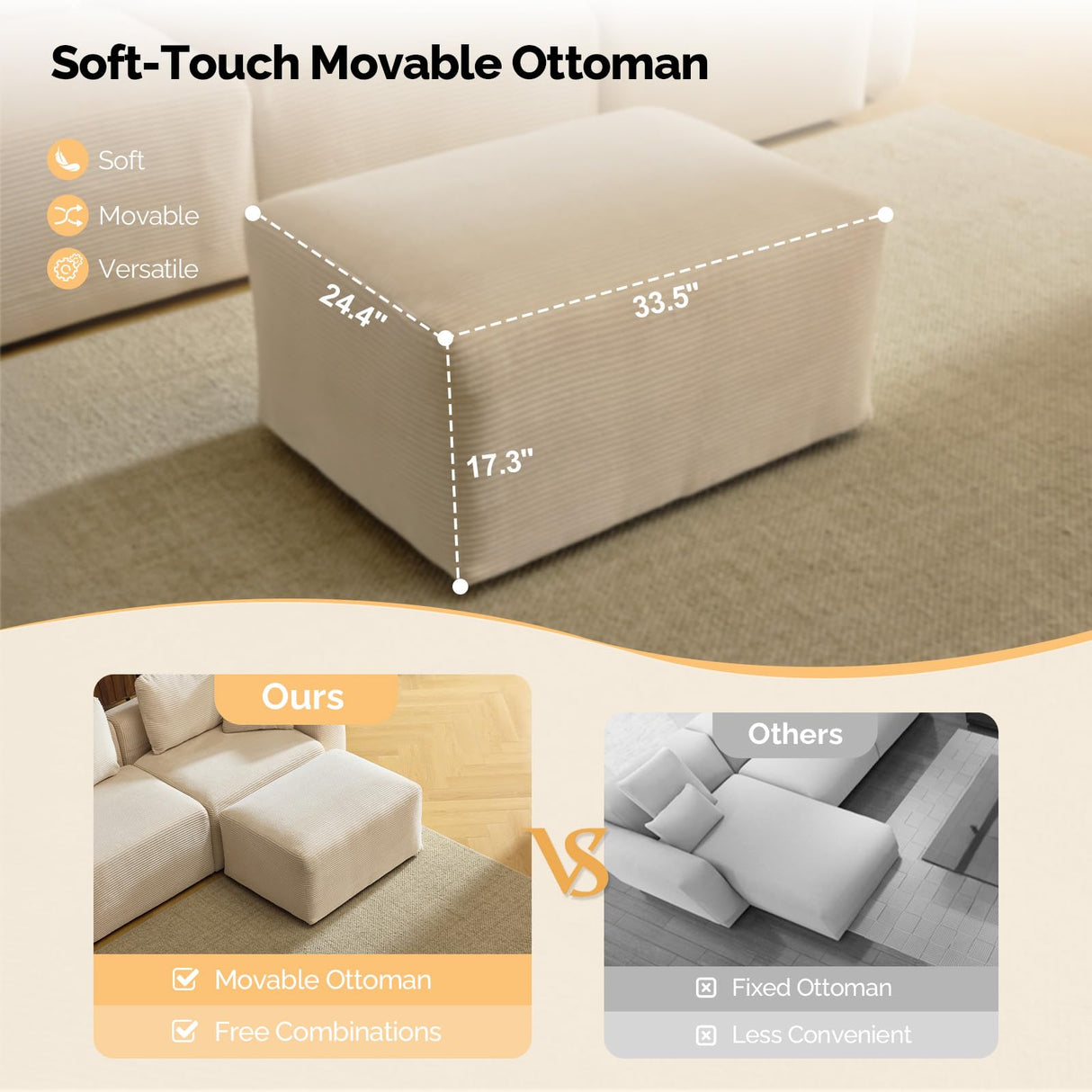 VINGLI 112.2“ Convertible Corduroy Cloud Sectional Couches with Movable Ottoman, L-Shaped Boneless Couches for Living Room with Deep Seat, 3 Seater Modular Spineless Sofa, No Assembly Required, Cream VINGLI