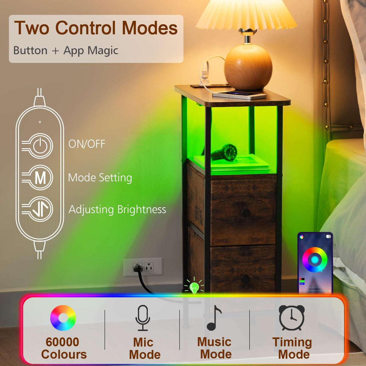 LOAKEKEL Narrow End Table Living Room with Charging Station, Skinny Side Table with Fabric Drawers, Slim LED Nightstand for Bedroom, Small Spaces, Couch, Rustic Brown, HETNDP02LPBR-1 LOAKEKEL