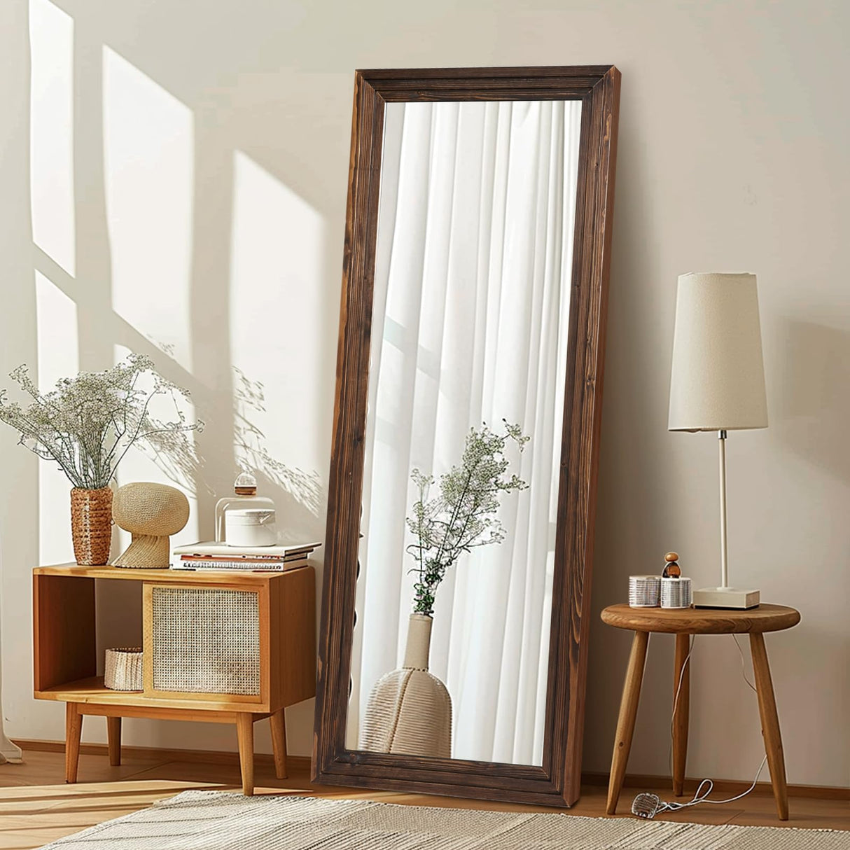 ABSWHLM Full Length Mirror 65"x24" Solid Wood Frame Floor Large Mirror for Living Room, Bedroom Hanging or Leaning Wall-Mounted, Brown ABSWHLM