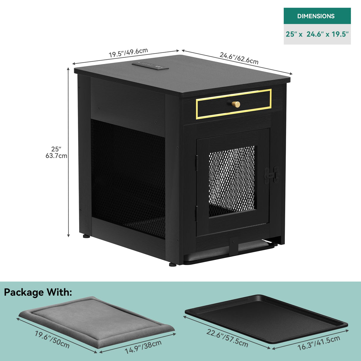 DWVO Dog Kennel Furniture with Dual USB Charger, Dog Crate End Table with Tray, Wooden Dog Crate Furniture with Cushion for Small Dogs, Black DWVO