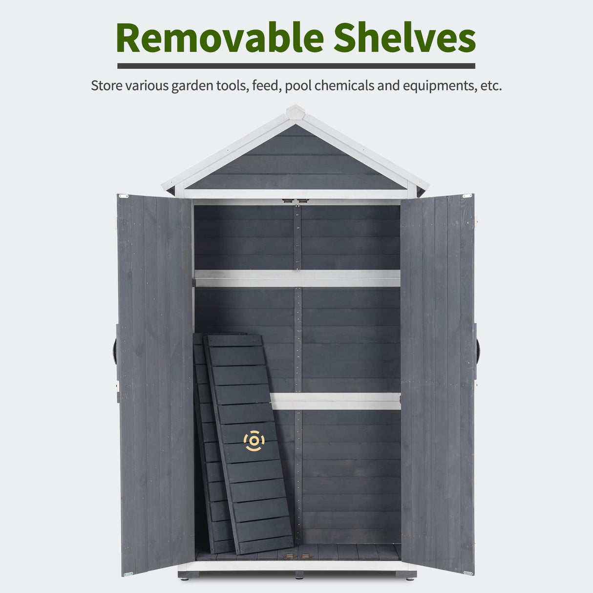 MCombo Outdoor Storage Cabinet with 2 Shelves, Outside Storage Shed with Floor, Wooden Garden Tool Shed with Latch for Yard Deck Lawn, 1000 MCombo