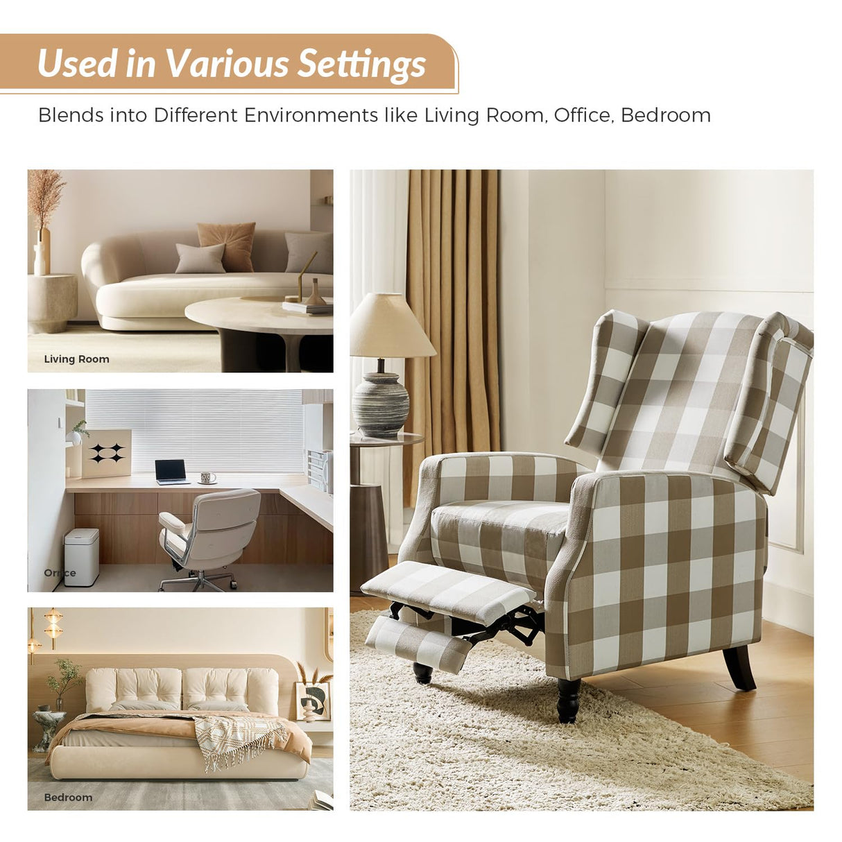 HULALA HOME Wingback Recliner Chair, Traditional Push Back Recliner Single Sofa with Solid Wood Legs, Modern Lounge Armchair for Living Room, Comfy Upholstered Accent Reclining Chair, Buffalo Beige HULALA HOME