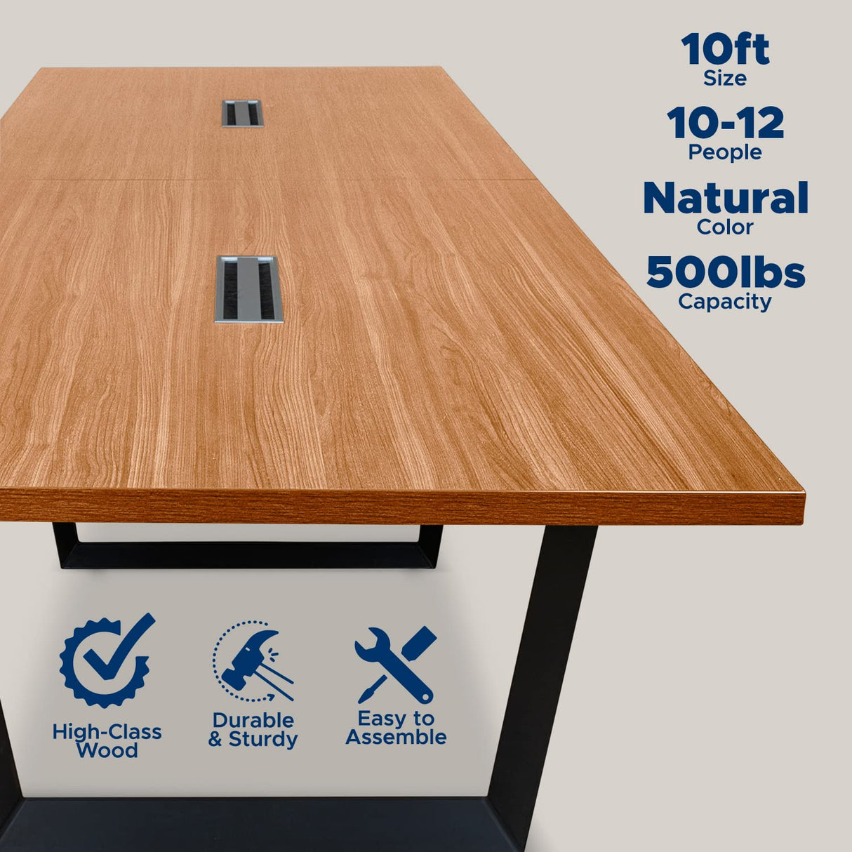 ahliss Sturdy Conference Table with Cable Management Grommets Modern Rectangle Office Meeting Table with Wood Tabletop and Metal Frame & Legs- Easy Assembly Boardroom Table (Natural, 10 Foot) ahliss