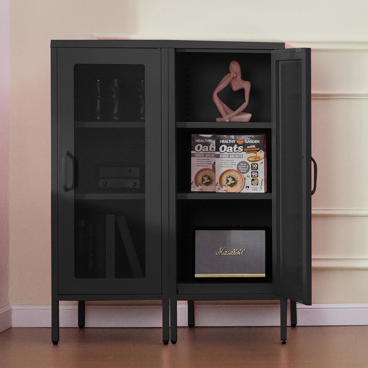 Slim Metal Storage Cabinet with Mesh Doors - 42'' Tall Narrow Organizer Tower, Compact Freestanding Cabinet, Versatile Utility Storage for Home, Office, Bedroom, or Kitchen, Durable and Modern Design ALBAD