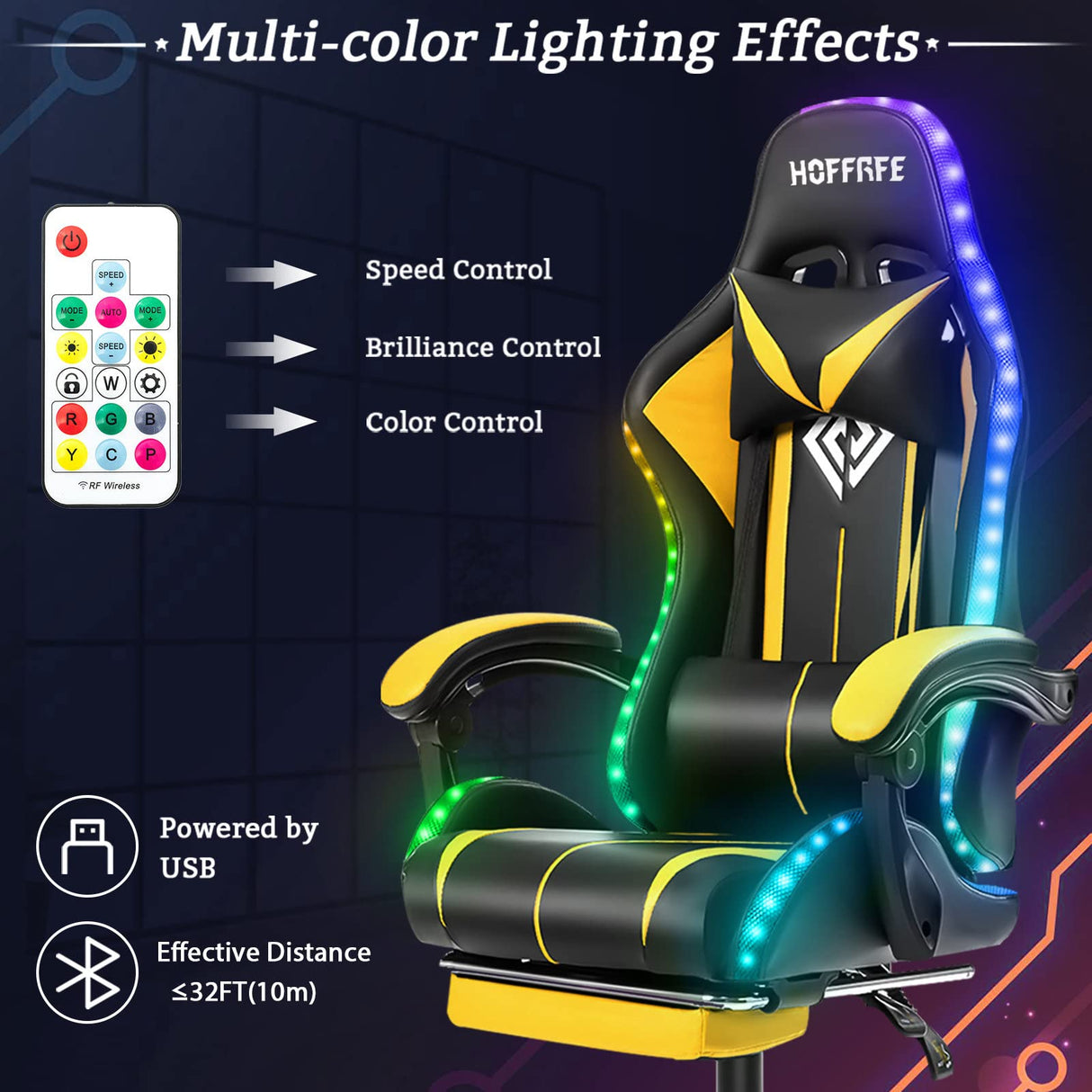 Gaming Chair with Bluetooth Speakers and LED RGB Lights Ergonomic Massage Computer Gaming Chair with Footrest High Back Music Video Game Chair with Lumbar Support Yellow and Black VANSPACE