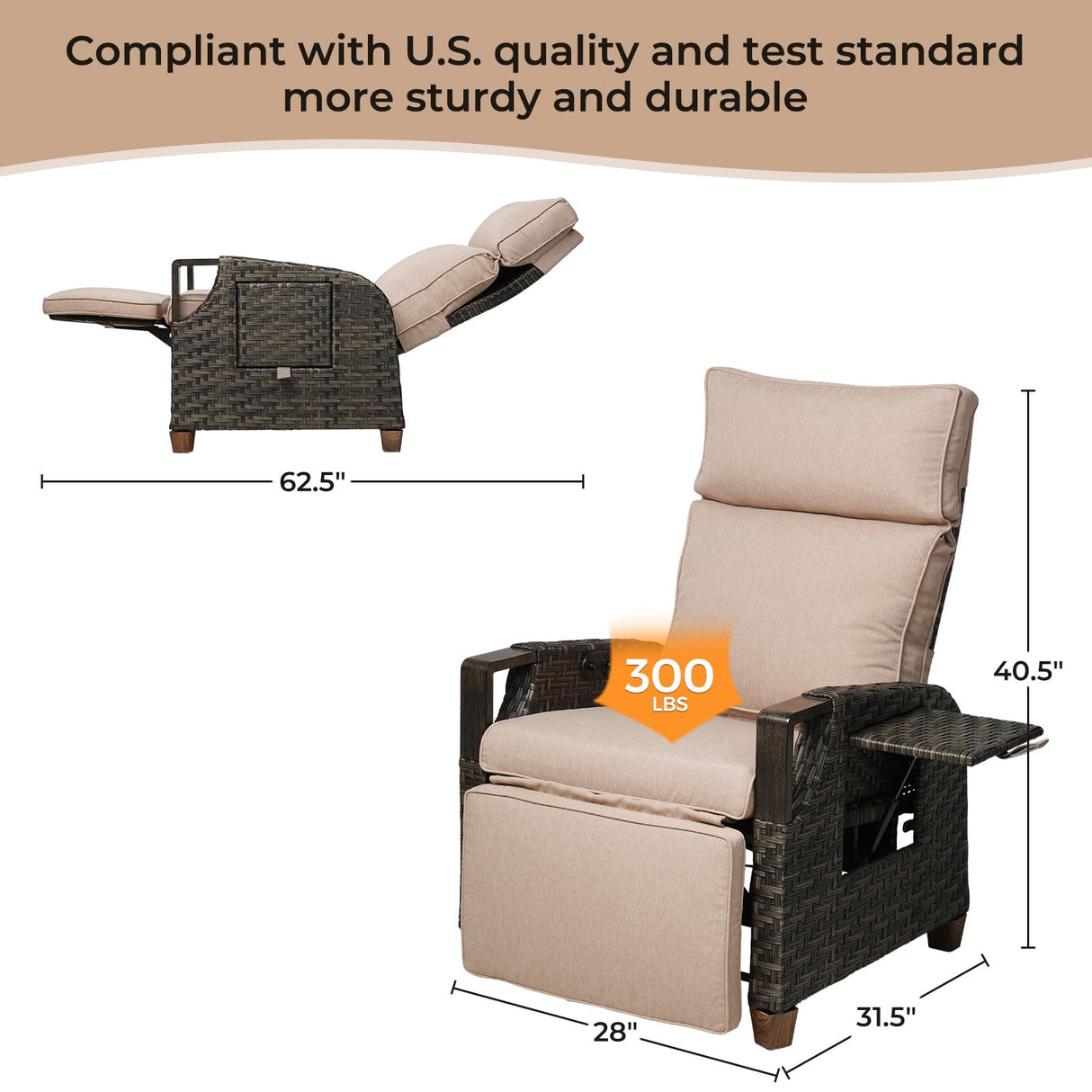 Grand patio Outdoor Recliner Air Pump 150° Lay Flat Reclining Chair with Independent Adjustable Back and Footrest Removable Olefin Cushion Flip-Up Table Wicker Beige 2PCS Grand patio