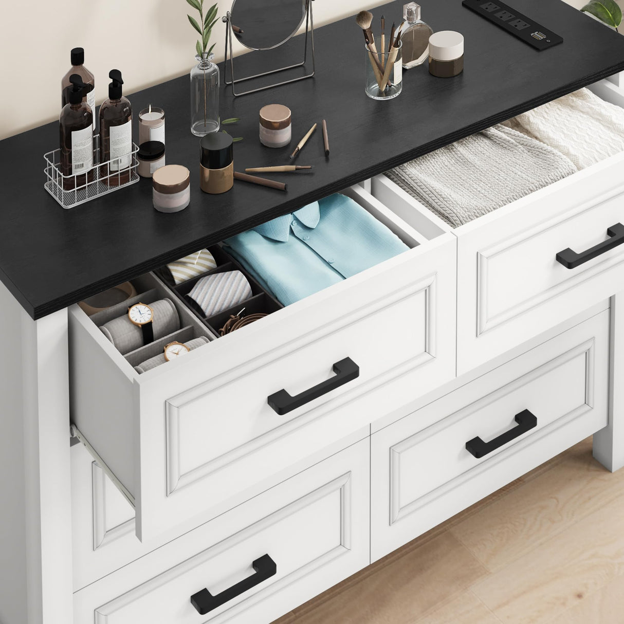 DWVO Farmhouse Wooden Dresser TV Stand with Power Outlet, 6-Drawer Dresser with Large Storage Drawers and Bar Handles, Ideal for Living Room, Hallway, 47.2" L x 15.7" W x 33.4" H - White & Black DWVO