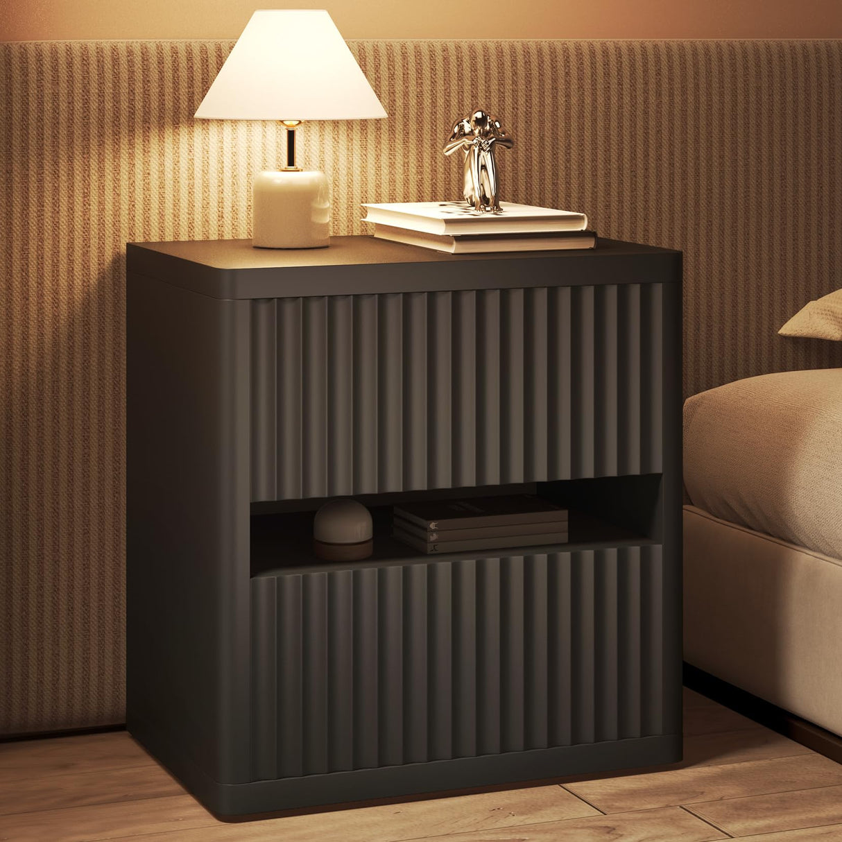 Dripex Fluted Nightstand with 2 Drawers, Large Wide Wood Night Stand Bedside Tables for Bedroom, Mid-Century Modern Storage Bed Side Table, End Tables for Living Room Sofa Couch, Black, Set of 2 Dripex