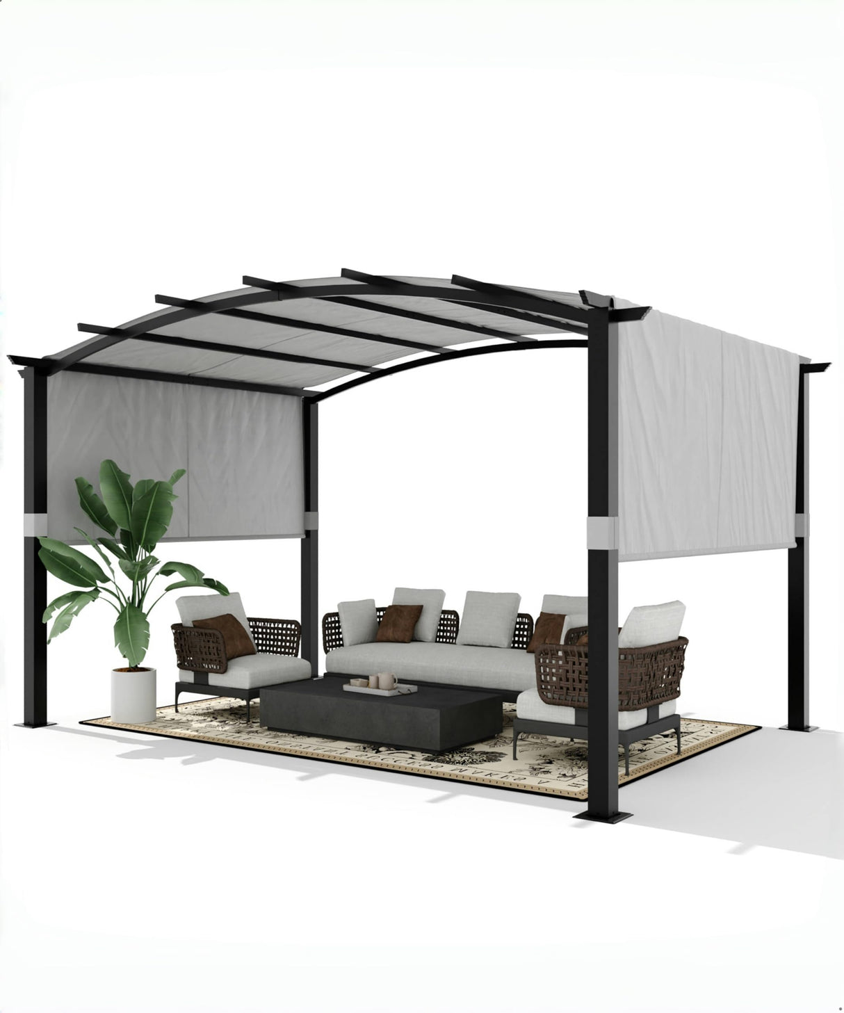 GarveeLife 12 x 9 Ft Outdoor Arched Pergola, Metal Pergola with Retractable Canopy, Arched Style Gazebos for Backyards, Lawn, Patios (Gray) GarveeLife