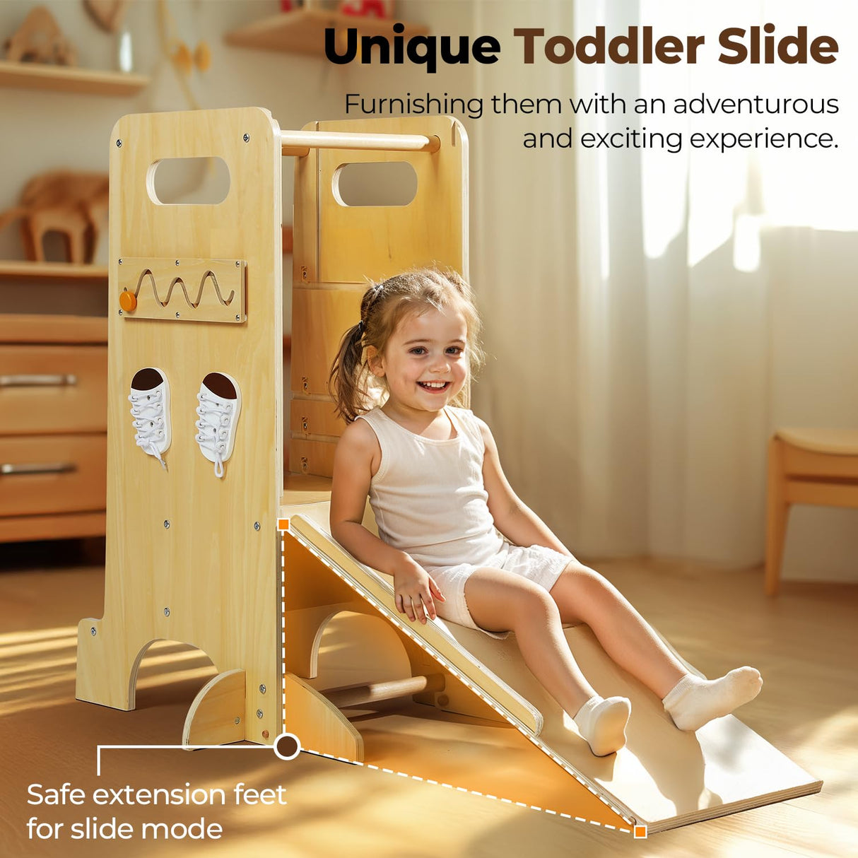 JUZBOT Toddler Tower 4 in 1 Toddler Kitchen Stool Helper Adjustable Standing Tower for Kitchen Counter with Safety Board, Slide, Chalkboard, Montessori Activities JUZBOT