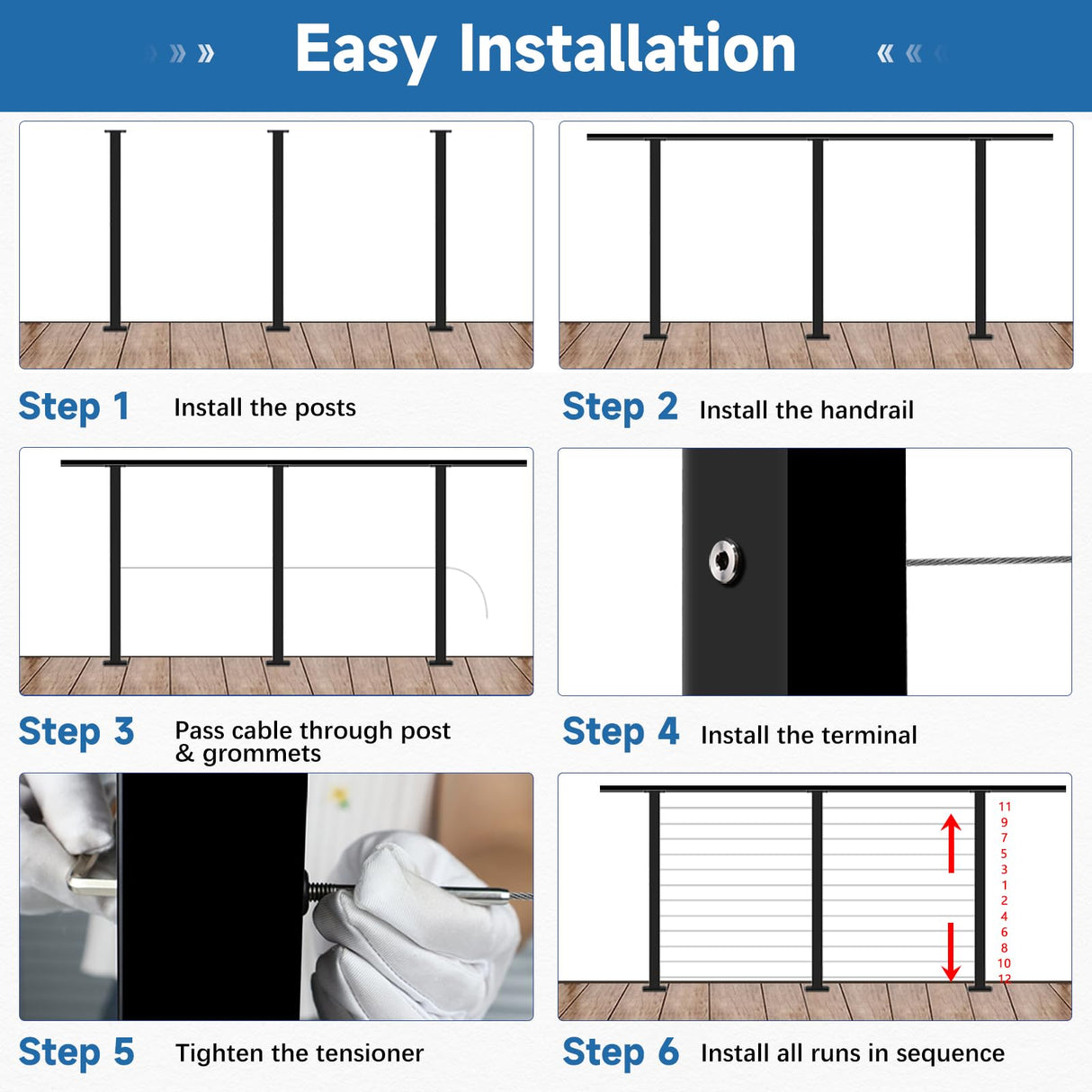 Gyykzz 4 Pack Cable Railing Post 36Inch, Level Drilled Railing Post with Flat Design Silicon Rings, Stainless Steel Horizontal Hole Deck Wire Railing Posts, Black Flat Top Metal Post (No Handrail) Gyykzz