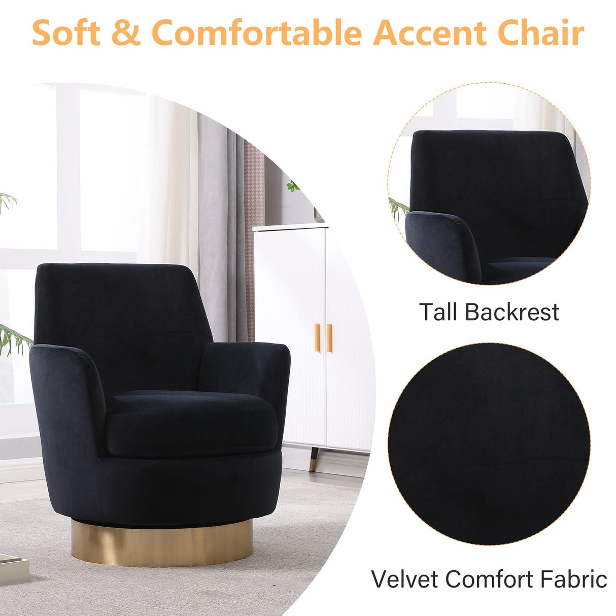 LUCKHAO Swivel Barrel Chair Set of 2,Modern Velvet Upholstered Round Swivel Accent Chairs with Tall Backrest,360 Degree Single Sofa Chair Armchair for Living Room, Black LUCKHAO