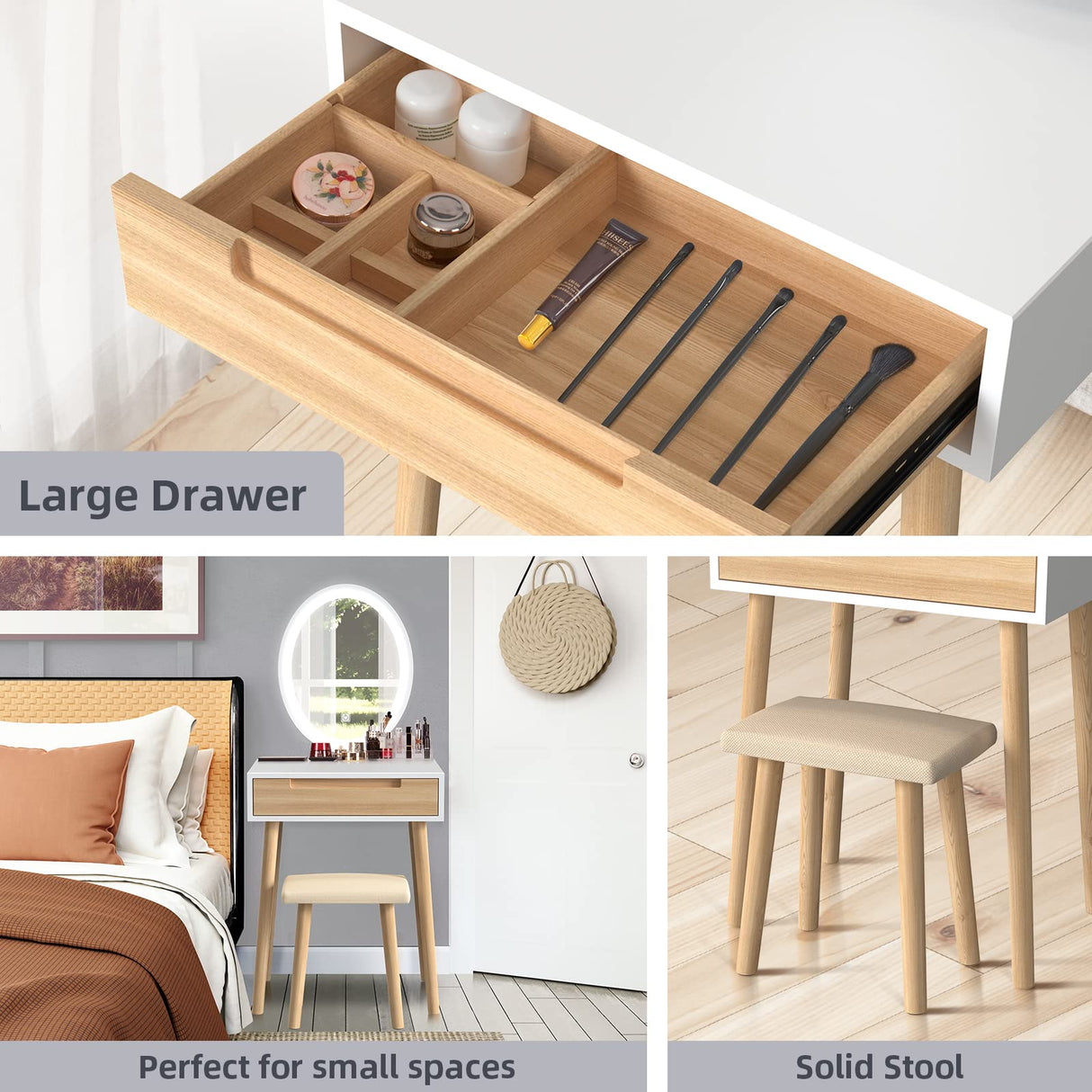 YOURLITE Makeup Vanity Table Set with 3 Modes Adjustable Lighted Mirror Cushioned Stool, Dressing Table for Small Space YOURLITE