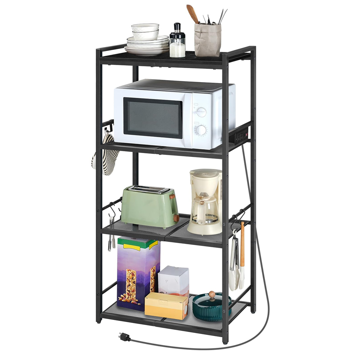 MAHANCRIS Bakers Rack with Power Outlet, Microwave Stand with Hooks, Multifunctional Storage Rack, Coffee Bar with Enclosure, Kitchen Storage Shelf, for Kitchen, Dining Room, Black BRHB40E01 MAHANCRIS