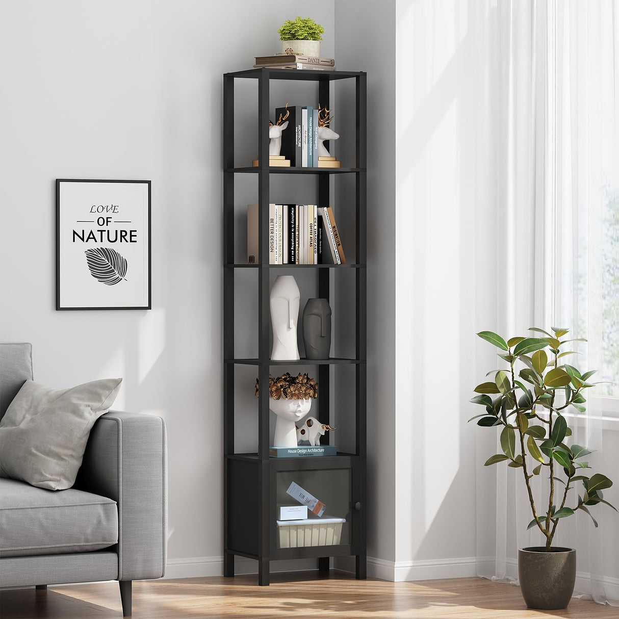 TUTOTAK 6 Tier Bookcase and Bookshelf, Narrow Book Shelf with Door for Small Space, for Living Room, Office, Study, Entryway, Black BS03BK006 TUTOTAK