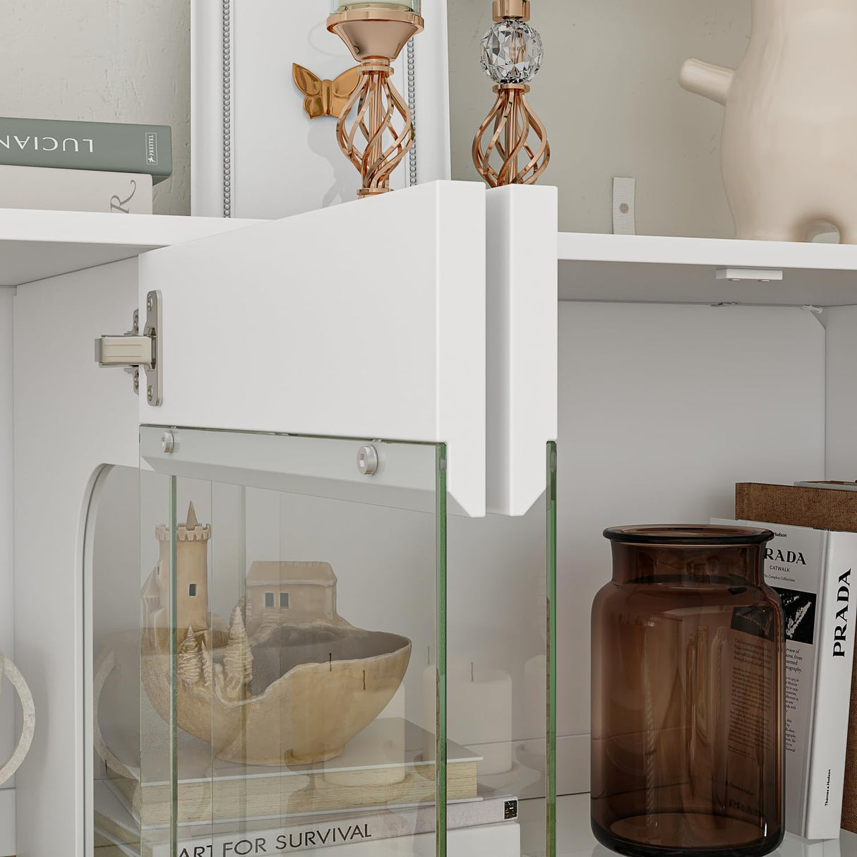 Homsee Storage Cabinet with 3-Color LED Lights, Glass Shelves & 4 Compartments, Sideboard Buffet Cabinet with Solid Legs, Modern Wood Display Cabinet for Living Room, Bedroom & Hallway, White Homsee