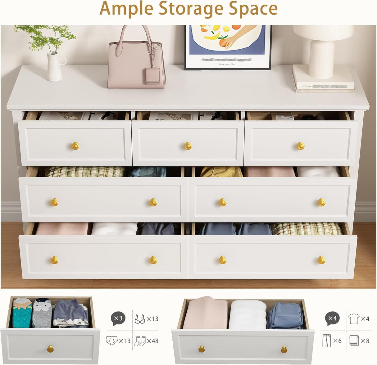 LYNSOM 7 Drawer White Dresser for Bedroom, 55" Wood Dresser with Gold Handles, Wide Modern Chest of Drawers for Hallway, Entryway LYNSOM
