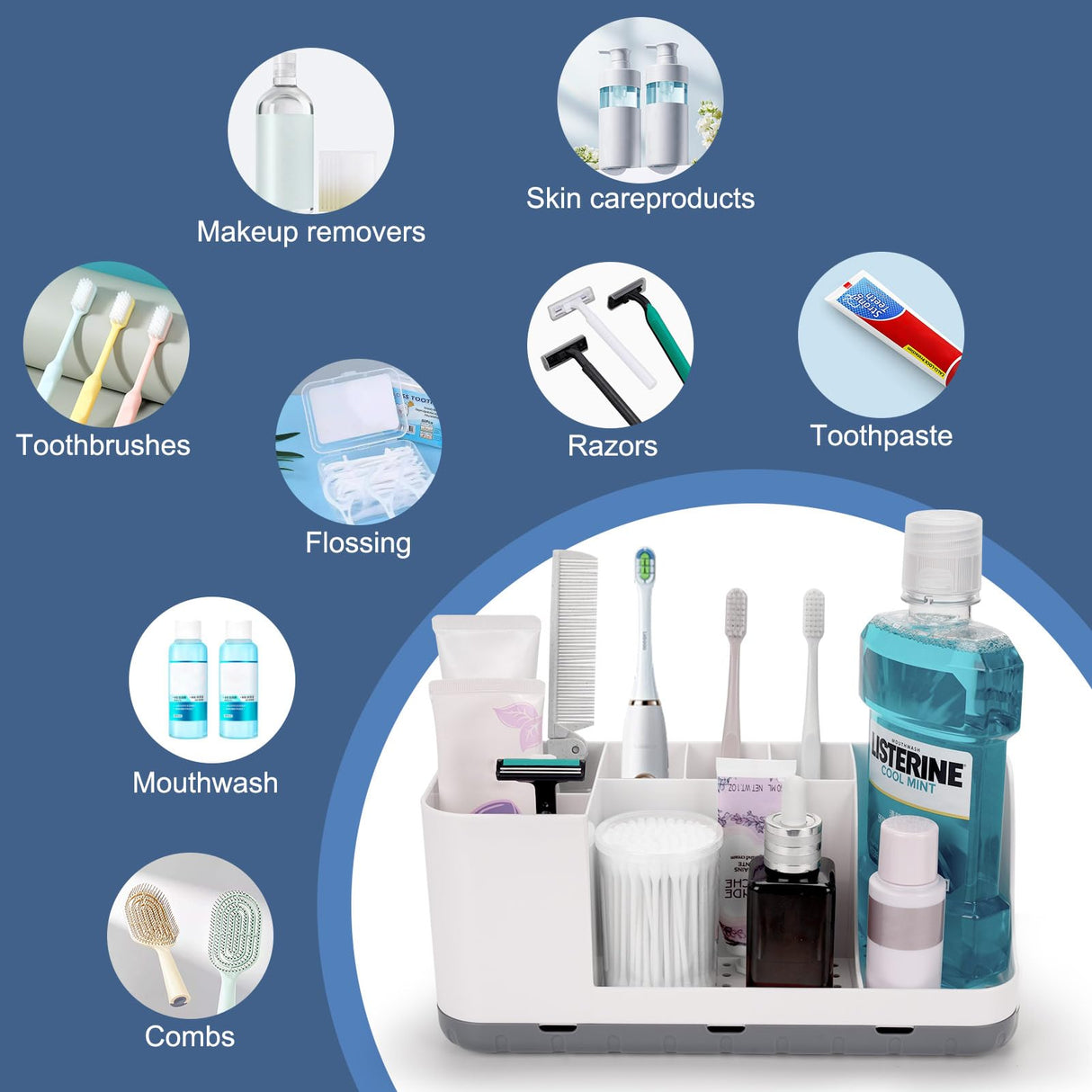 QIYVLOS Bathroom Organizers and Storage, 8 Slots Detachable Toothbrush Holders for Bathrooms, Anti-Slip Bathroom Countertop Organizer with Drainage Hole Vanity Storage (White) QIYVLOS