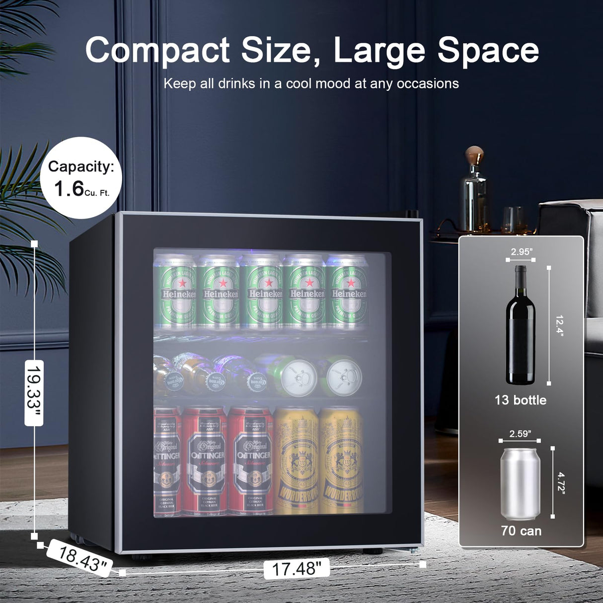 Antarctic Star Mini Fridge Cooler - 60 Can Beverage Refrigerator Glass Door for Beer Soda or Wine –Small Drink Dispenser Machine Removable for Home, Office or Bar, 1.6cu.ft. Antarctic Star