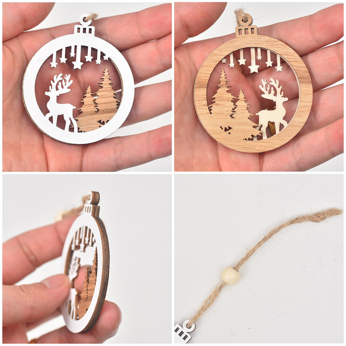 Ovootok Wooden Christmas Tree Ornaments, 27PCs 3D Hanging Christmas Decorations, Rustic Farmhouse & Winter Wonderland Ornaments for Christmas Tree Xmas Party, Santa Claus Snowman Snowflake (White) Ovootok