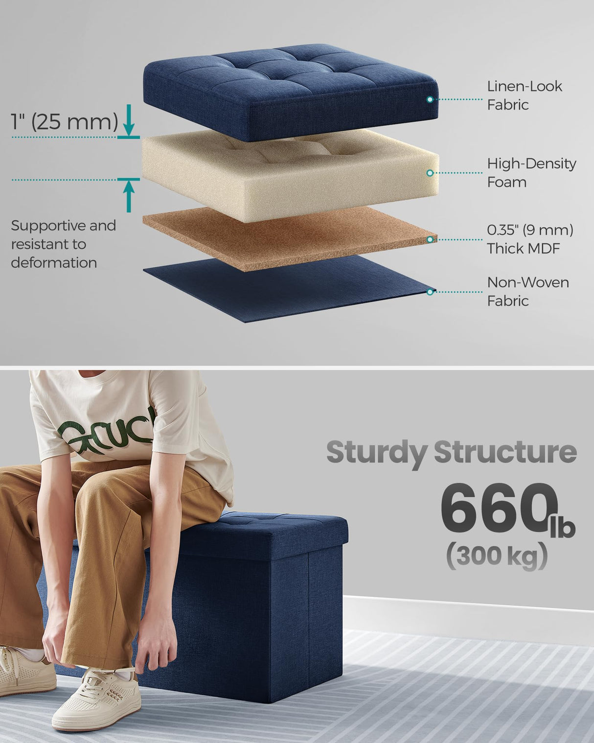 SONGMICS Mazie Collection - 30 Inches Storage Ottoman, Foldable Storage Bench with Flipping Lid, 660 lb Load Capacity, for Entryway, Living Room, Bedroom, Midnight Blue ULSF046Q02 SONGMICS